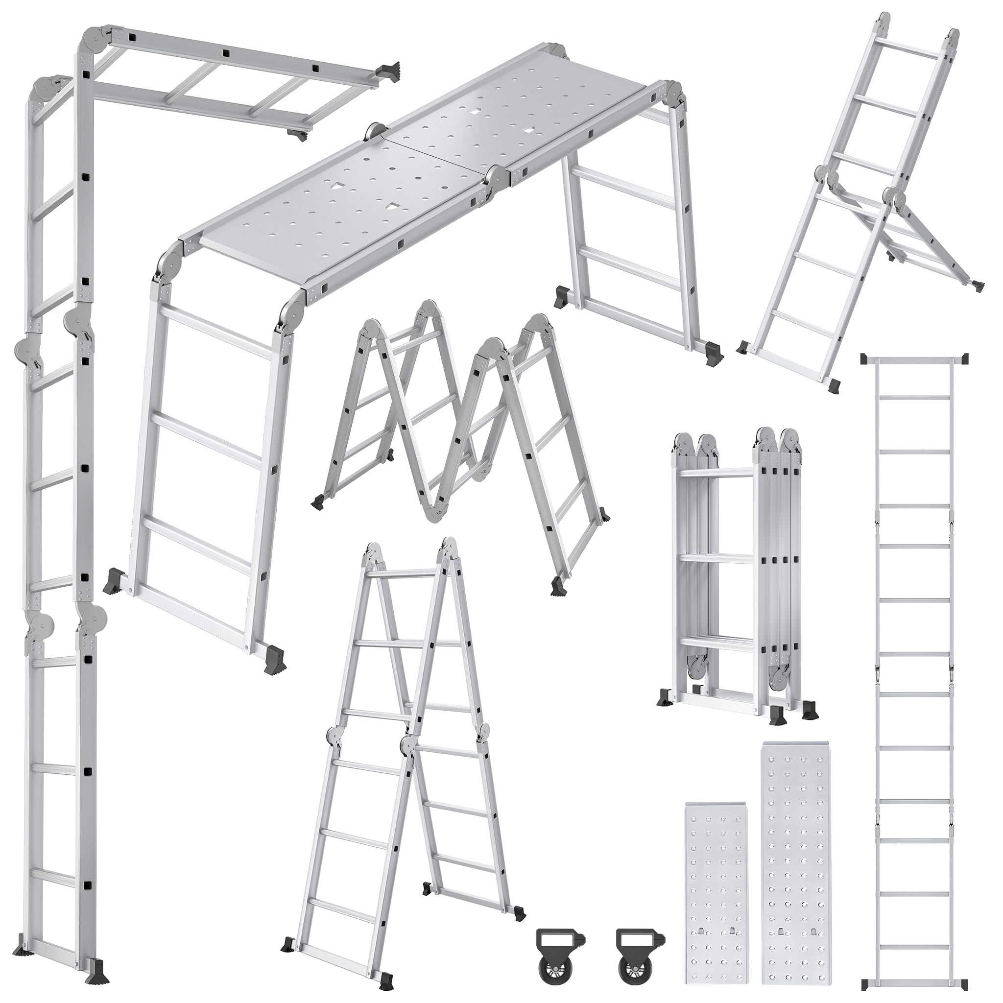 Froadp Scala multiuso 6 in 1, 3,4 m, pieghevole, multiuso in alluminio, con 2 ruote e piattaforma, multifunzione, portata fino a 150 kg