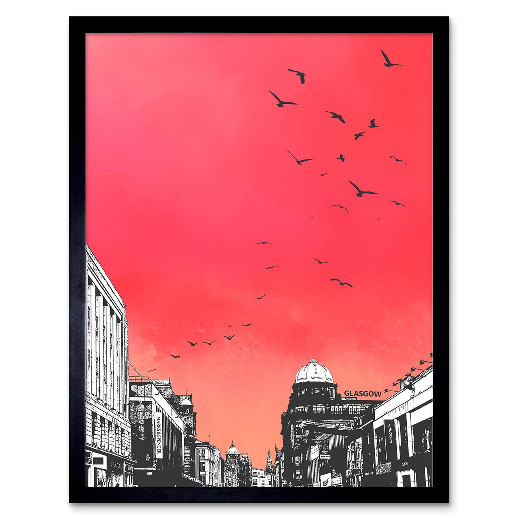 Wee Blue Coo Rooftop Birds Glasgow Art Print Framed Poster Wall Decor 12X16 Inch
