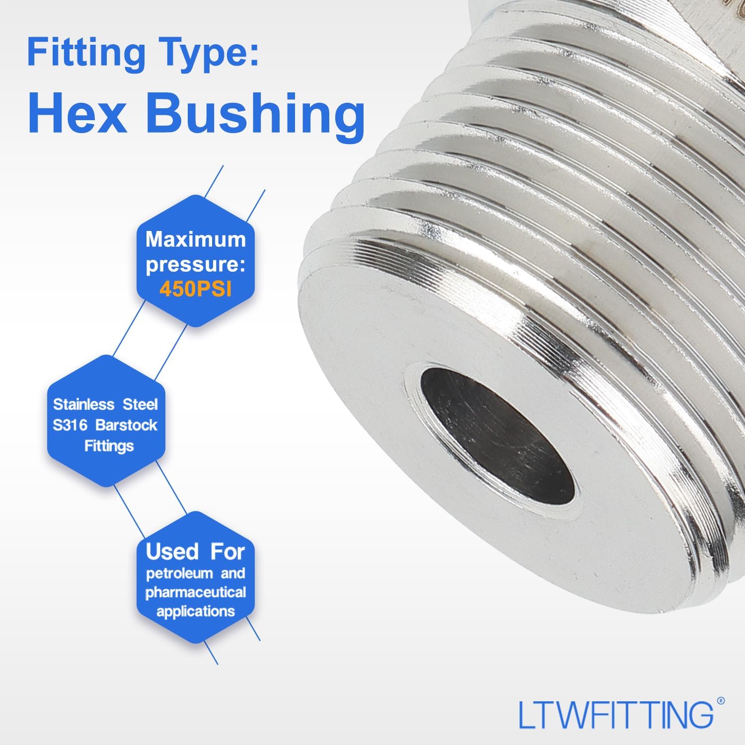 LTWFITTING Bar Production Stainless Steel 316 Pipe Hex Bushing Reducer Fittings 3/4" Male x 1/8" Female NPT Fuel Water Boat (Pack of 5)