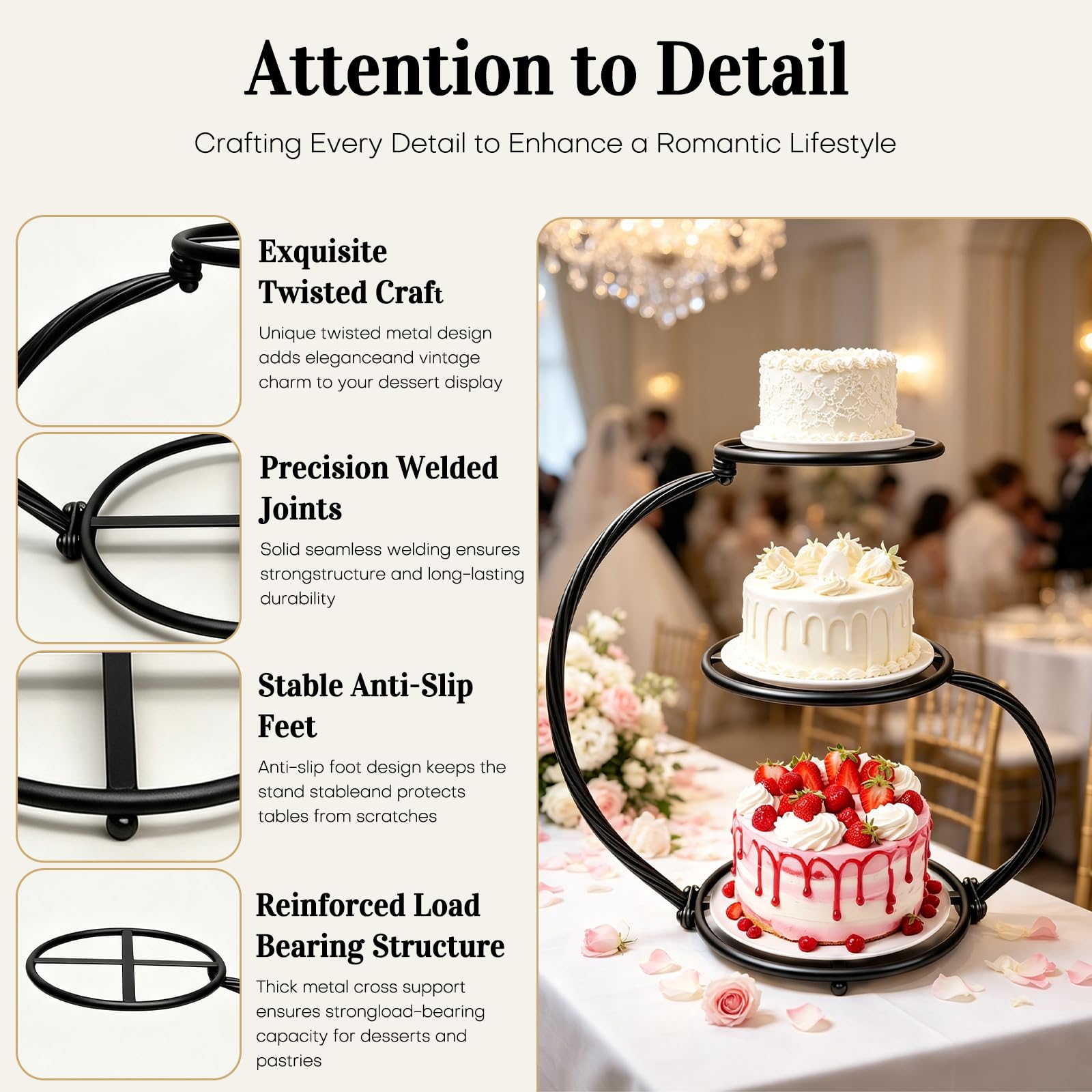 Présentoir à gâteaux vintage à 3 étages en fer noir pour mariage, anniversaire, fête prénuptiale et goûter l'après-midi
