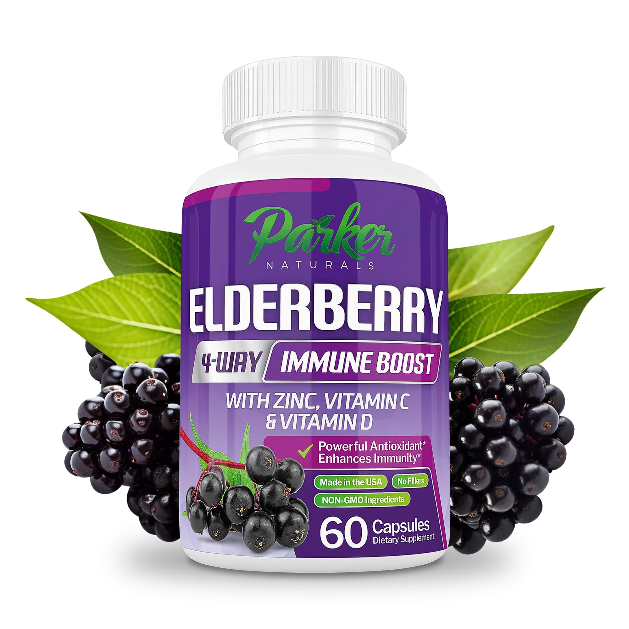 Organic Elderberry Capsules, 4-Way Immune Boost Elderberries, Vitamins C, D & Zinc Support, 1260.1 mg Elderberry Supplements for Adults, 60 Capsules