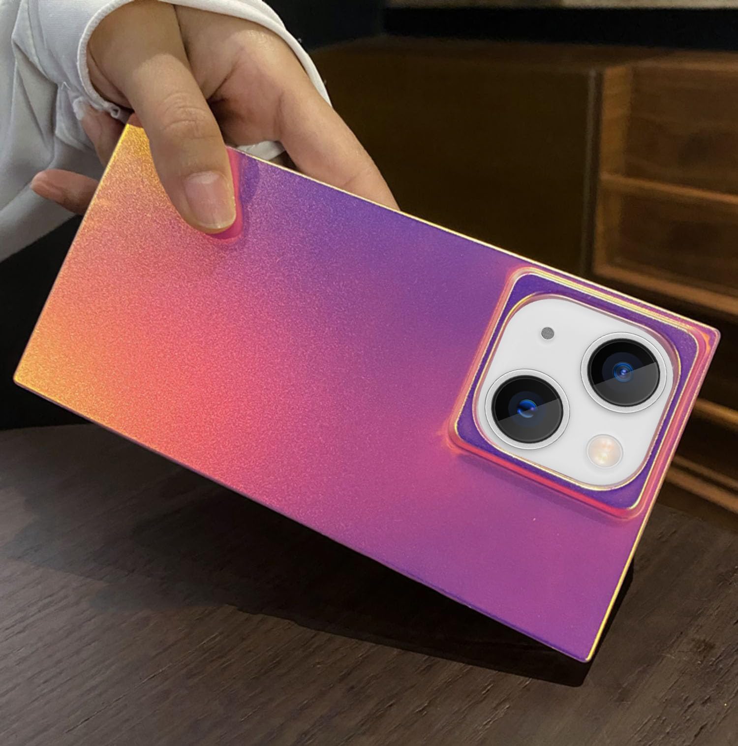 Omorro Compatible with iPhone 15 Iridescent Pink Matte Laser Rectangle Fluorescent Case for iPhone 15 - Slim Rectangular Design - Protective Soft