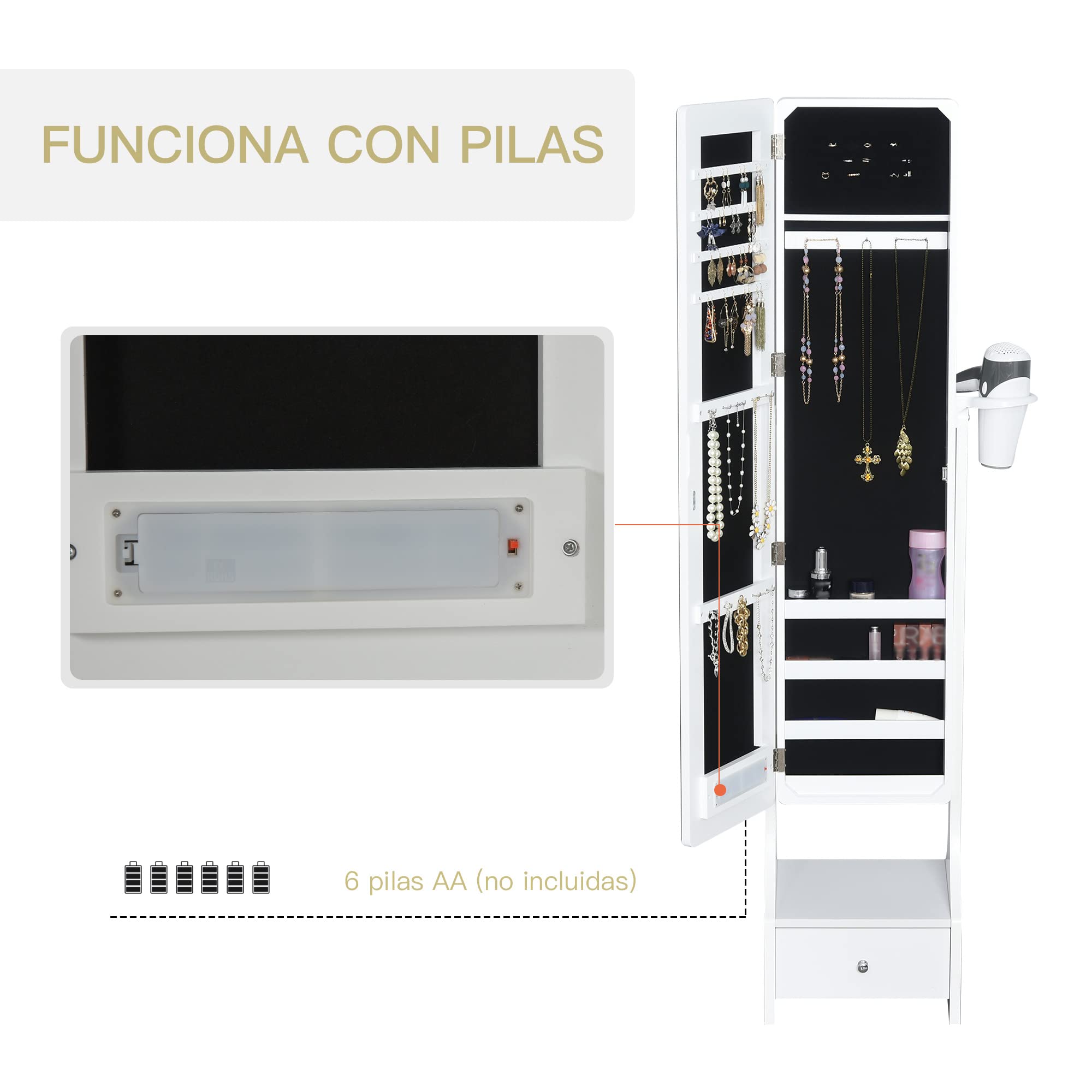 HOMCOM Espejo Joyero LED con Luces Armario Soporte Secador Ajustable Blanco