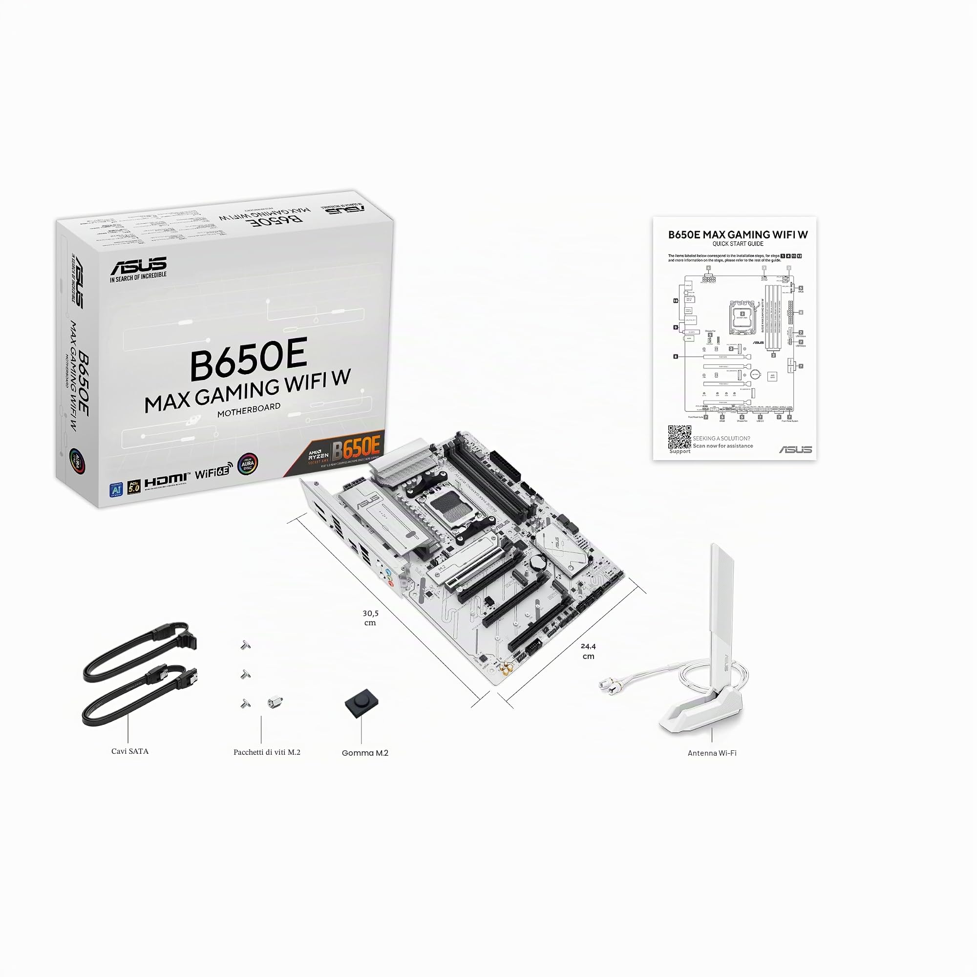 ASUS B650E MAX Gaming WiFi W - Scheda madre AMD B650 AM5 ATX, PCB bianco, DDR5, PCIe 5.0, 3X M.2, Wi-Fi 6E, 2.5Gb LAN, USB 10Gbps Type-C, DisplayPort, HDMI, BIOS Flashback, Aura Sync, PC AI avanzato