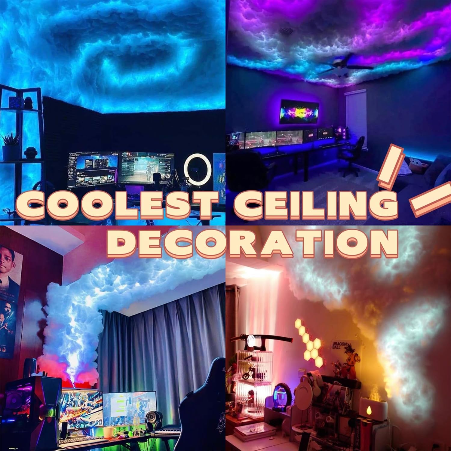 3D RGB-Gewitterwolken-Licht, 4,9 M Lange, Farbenfrohe Baumwoll-Blitzwolken-Nachtlichter, Stimmungsvolle Wandleuchte Mit Musiksynchronisation Und Farbwechsel For Zimmer, Zuhause Und Partys