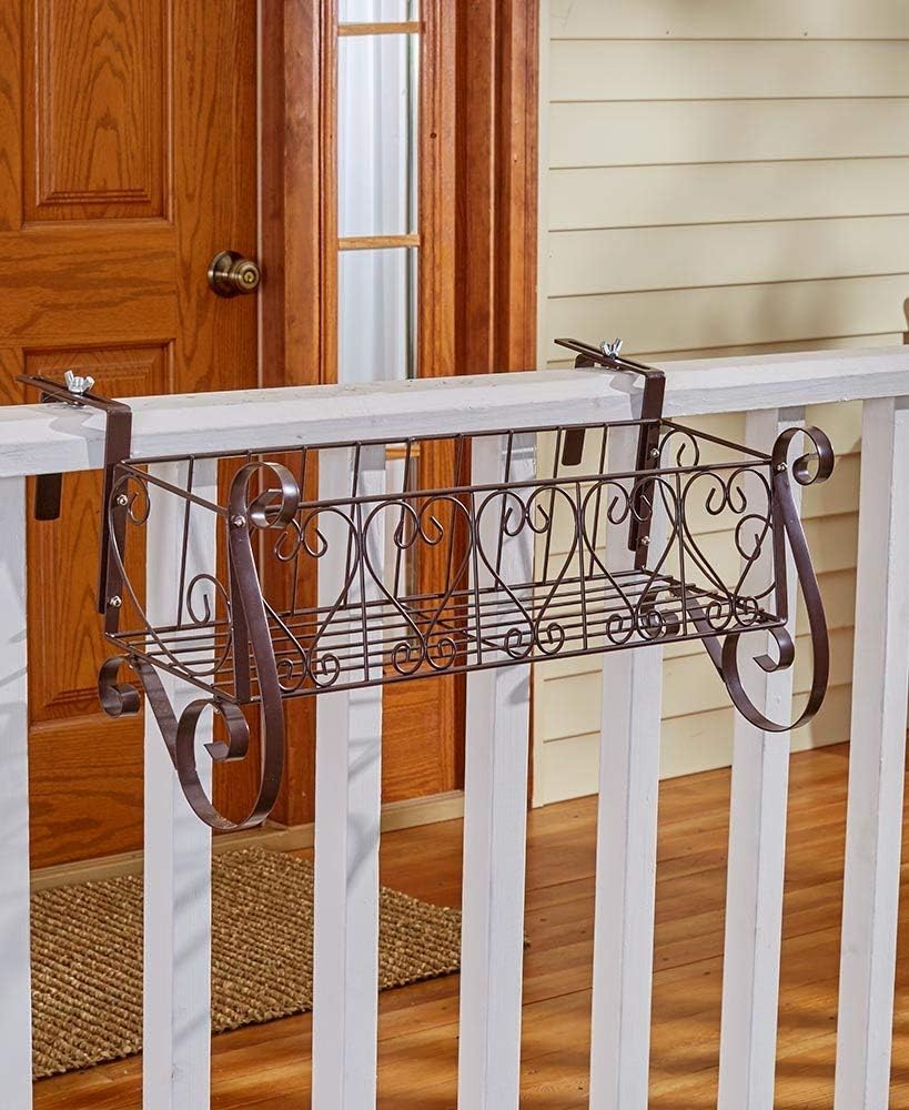 Decorative Iron Scrollwork Porch Rail Planter for Flowers, Herbs - Large