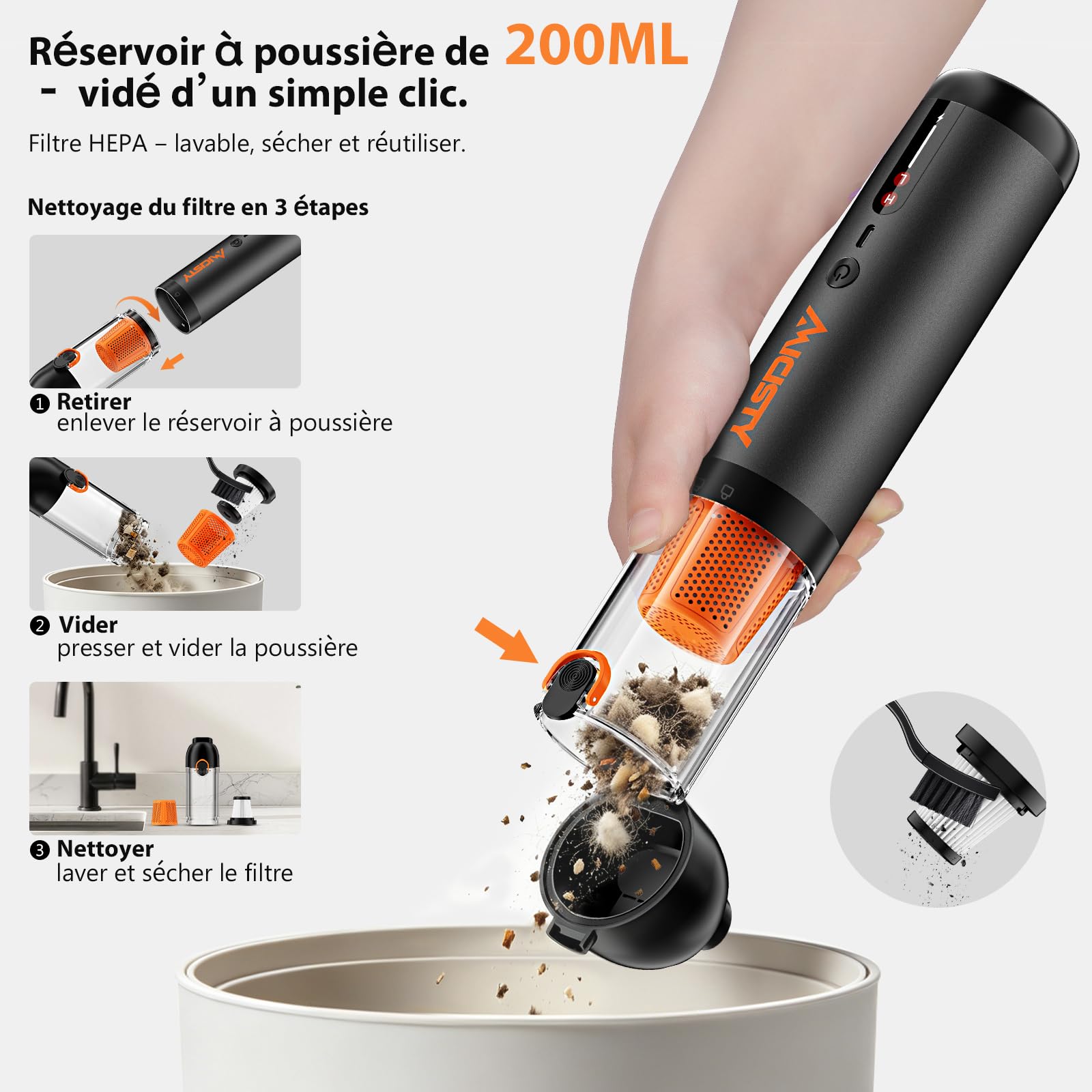 Aspirateur de Voiture sans-Fil Puissant 30kPa, Aspirateur à Main 7800mAh Batterie, Moteur sans Balais, 50 Min Autonomie, 1.5H Charge Rapide, 4-in-1 Mini Aspirateur/Souffleur/Gonfleur/Pompe