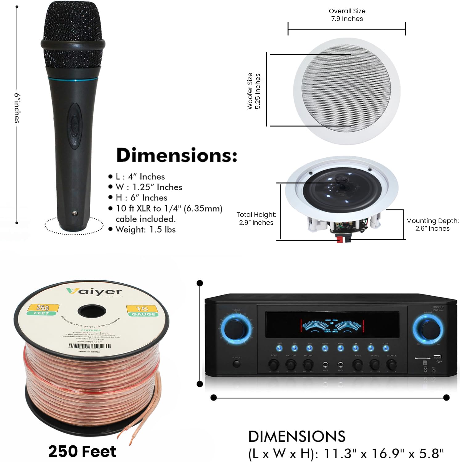 1000 Watt Home System w/USB and SD Card Inputs, (Qty 6) 5.25 Flush Mount in-Wall/in-Ceiling Stereo Speakers, Mic w/10 Ft Cable, 250ft Speaker Wire