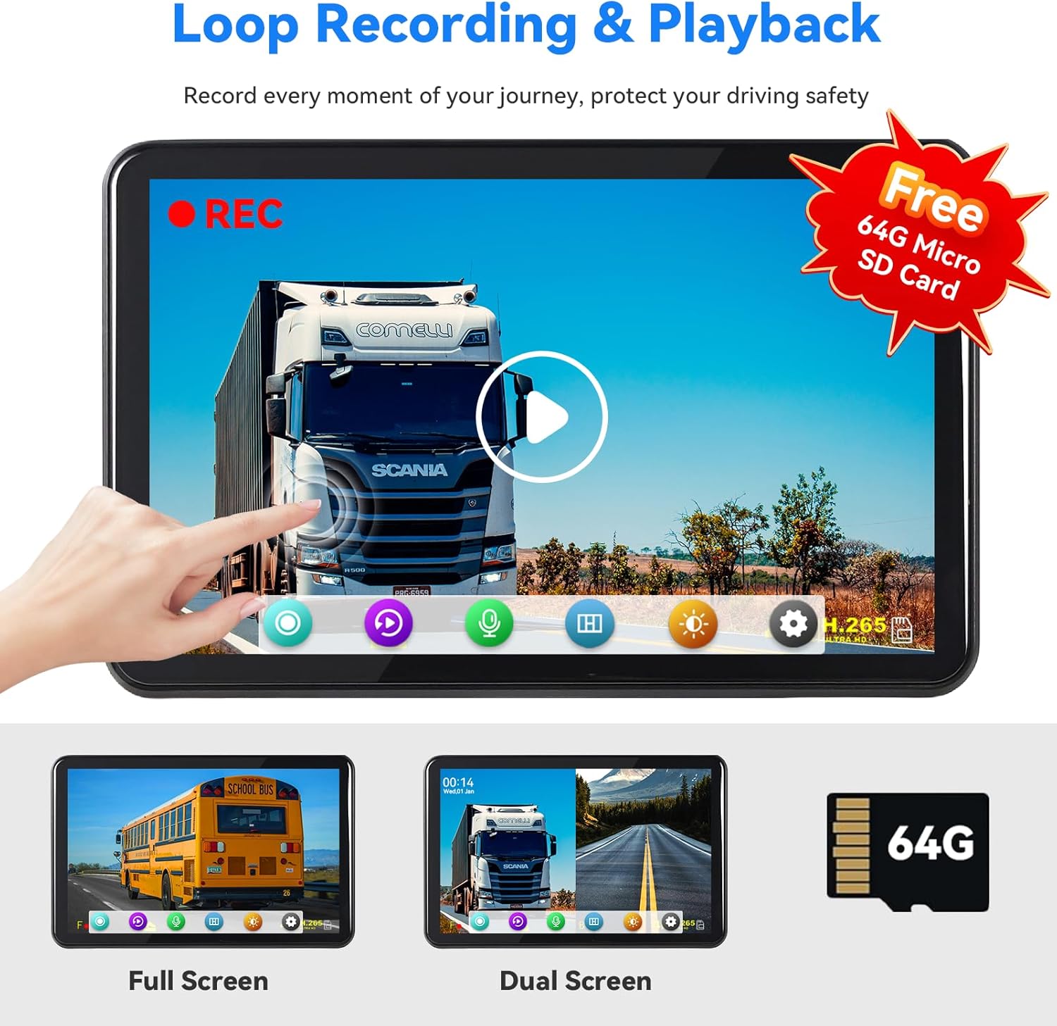 RV Backup Camera System - Dual 1080P HD Cameras with 7 inch Touchscreen Display, Wired Kit for Trucks, Trailers, and RVs, Includes 64GB Memory Card