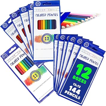 Color Swell Bulk Colored Pencils 12 Sets, 144 Pre-Sharpened Assorted Vibrant Colors Ideal for Kids, Teachers, and Classroom Supplies