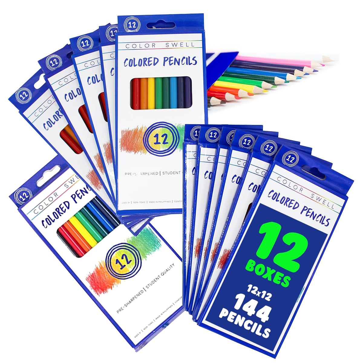 Color Swell Bulk Colored Pencils – 12 Sets, 144 Pre-Sharpened Assorted Vibrant Colors – Ideal for Kids, Teachers, and Classroom Supplies