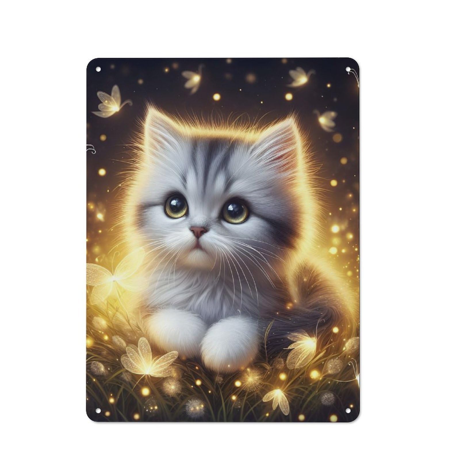 Junmoney Cute Kitten With Fireflies Vintage Retro Metal Sign 40X30cm, Vintage Wall Decor For Kitchen, Hallway, Bar Or Small Cafe