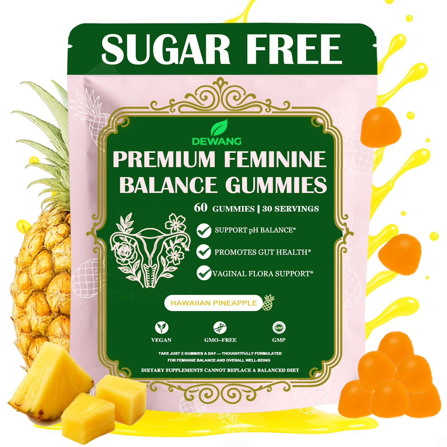 DEWANG Feminine Balance Gummies Daily pH Balance Vaginal Health Support Probiotics for Womens Odor Confidence Pineapple Flavor Vegan
