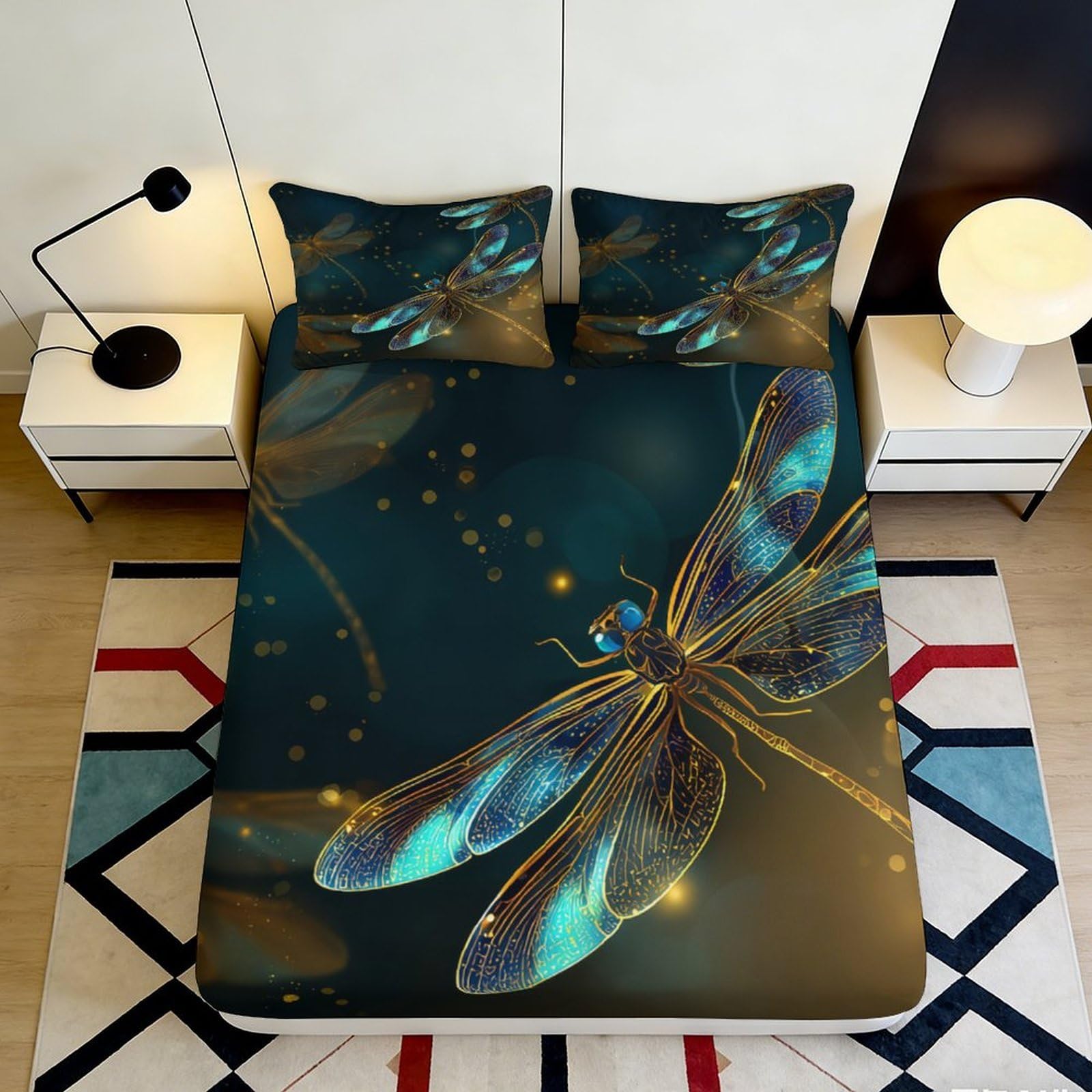 3D Printed Dragonfly Dream Fitted Sheet Microfiber Soft Breathable Night Sky Bed Cover for Bedroom Dorm Decor 90x200x25cm