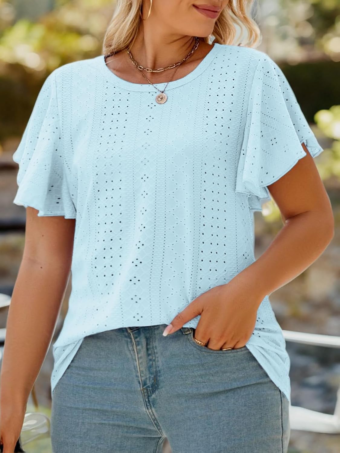 VISLILY Womens-Plus-Size-Summer-Tops Ruffle Short Sleeve T Shirts Crewneck Eyelet Tunics Casual Loose Tee - Image 5