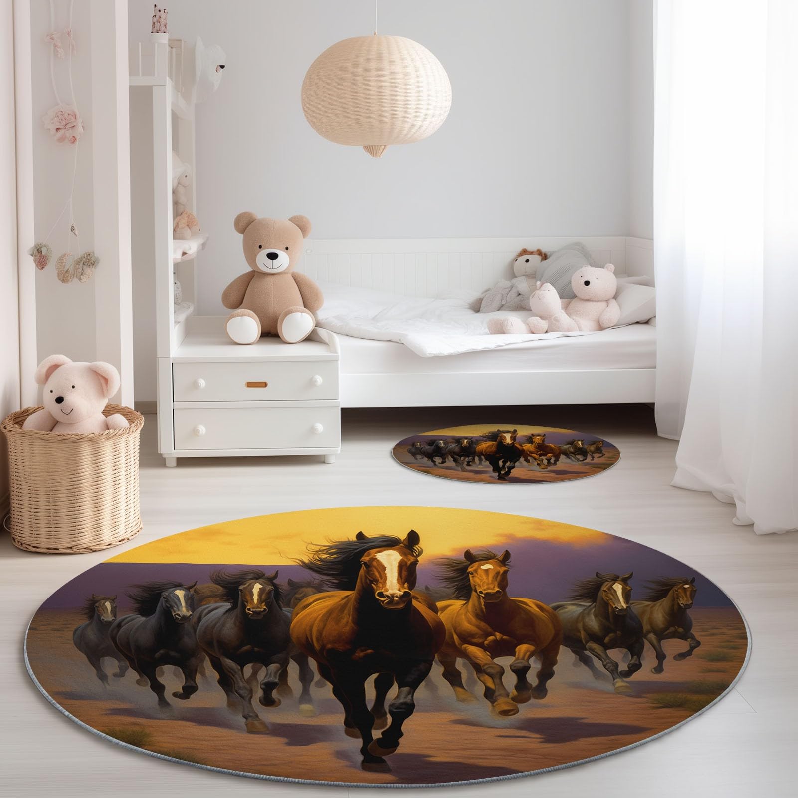 Okrągły dywan o średnicy 120 cm, minimalistyczny pustynny zwierzę, koń z nadrukiem, niskie runo, antypoślizgowe dywaniki okrągłe, zmywalne, przyjazne dla zwierząt domowych i dzieci, jasnobrązowe