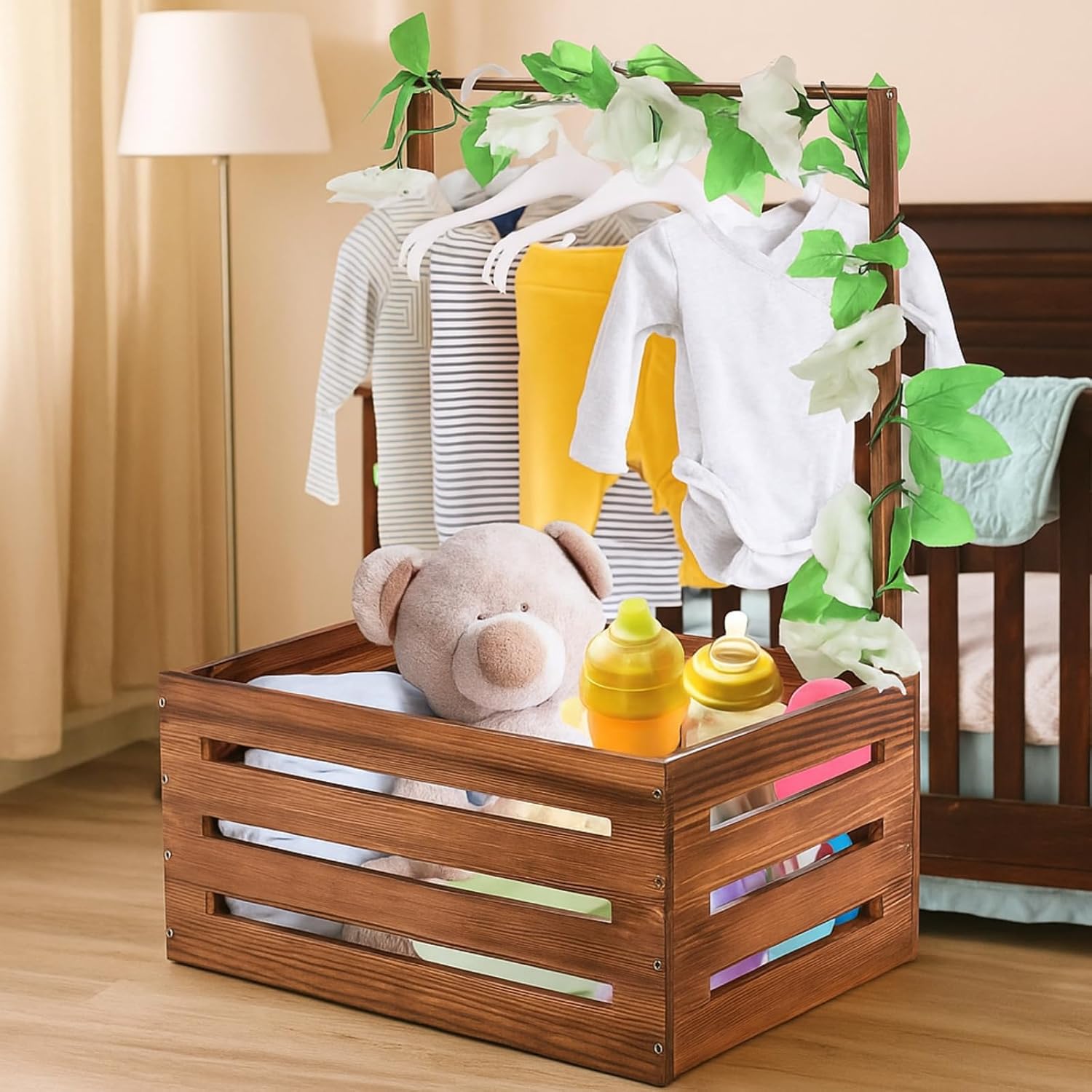 Baby Shower Crate Closet, Wooden Vintage Storage Crate with 5 Hangers 1 Artifical Garland, Large Welcome Gift Hamper Basket for Pregnancy Gifts New Parents