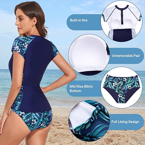 Miniatura 2 de Holipick Traje de baño de manga corta con cierre de cremallera para mujer, 2 piezas, camisetas de natación SPF con brasier integrado