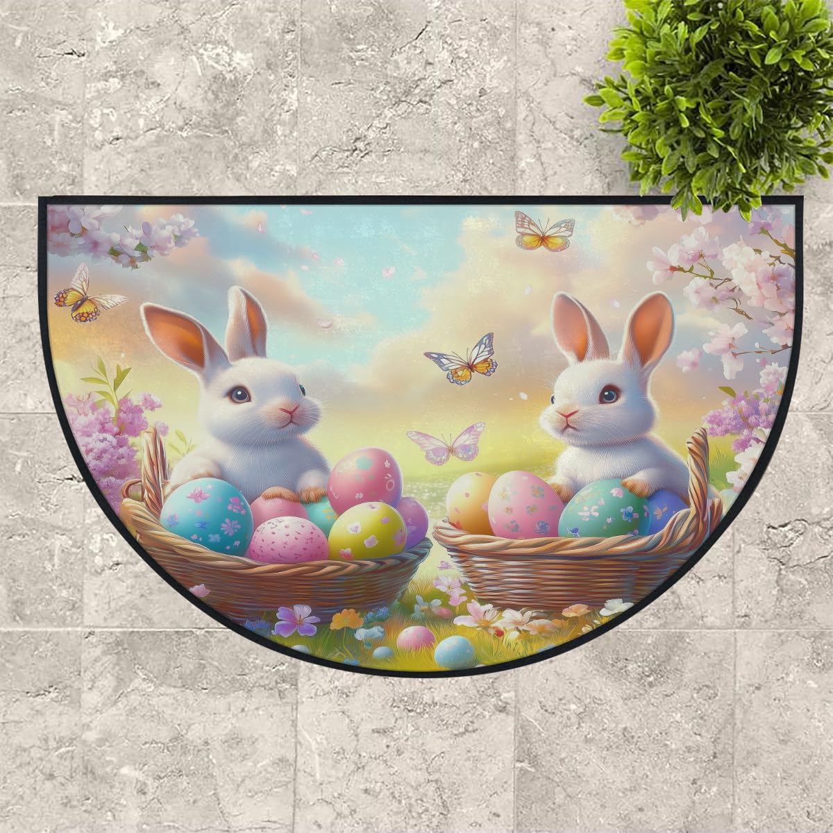 Mexpekil Paillasson demi-rond en forme de demi-lune pour intérieur et extérieur - Motif paysage d'œufs de Pâques - Demi cercle - Absorbant la saleté - 100 x 160 cm