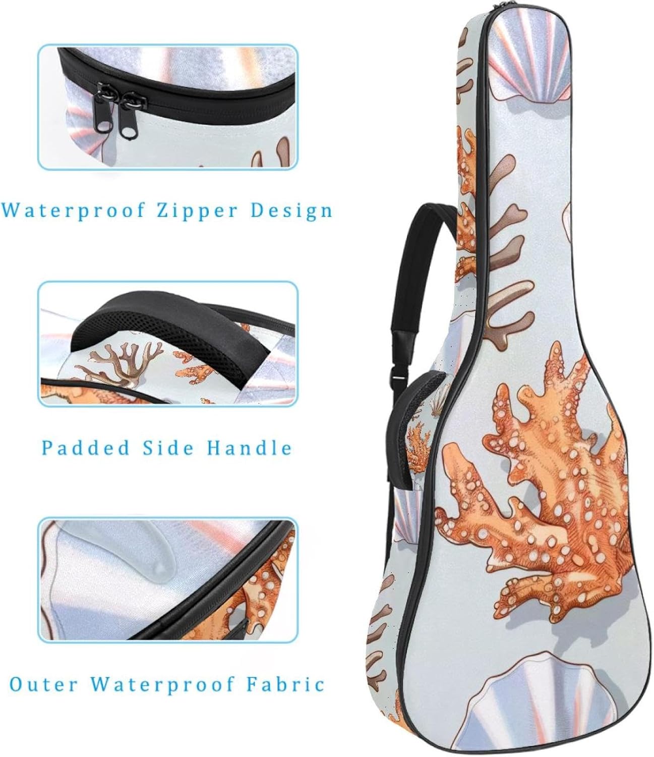 Acoustic Guitar Bag 0.4 Inch Thick Padding Waterproof Guitar Case Gig Bag for 40 41 42 Inch Electric Bass Classical Guitar, Sea Shells and Corals Seamless Pattern