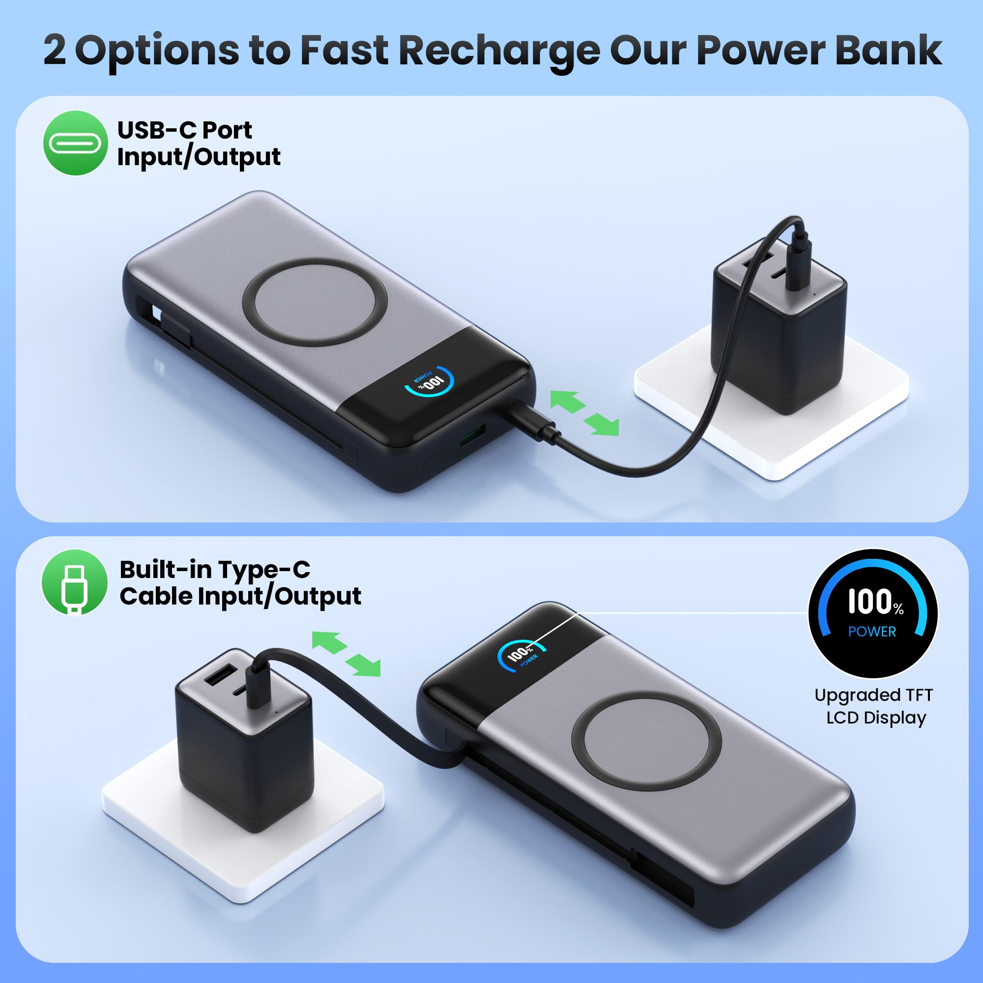 Cargador portátil inalámbrico de 40,800 mAh con 3 cables integrados, carga inalámbrica de 15 W, 25 W PD QC4.0, batería externa USB-C de carga rápida, 7 salidas, pantalla LCD, paquete de batería para