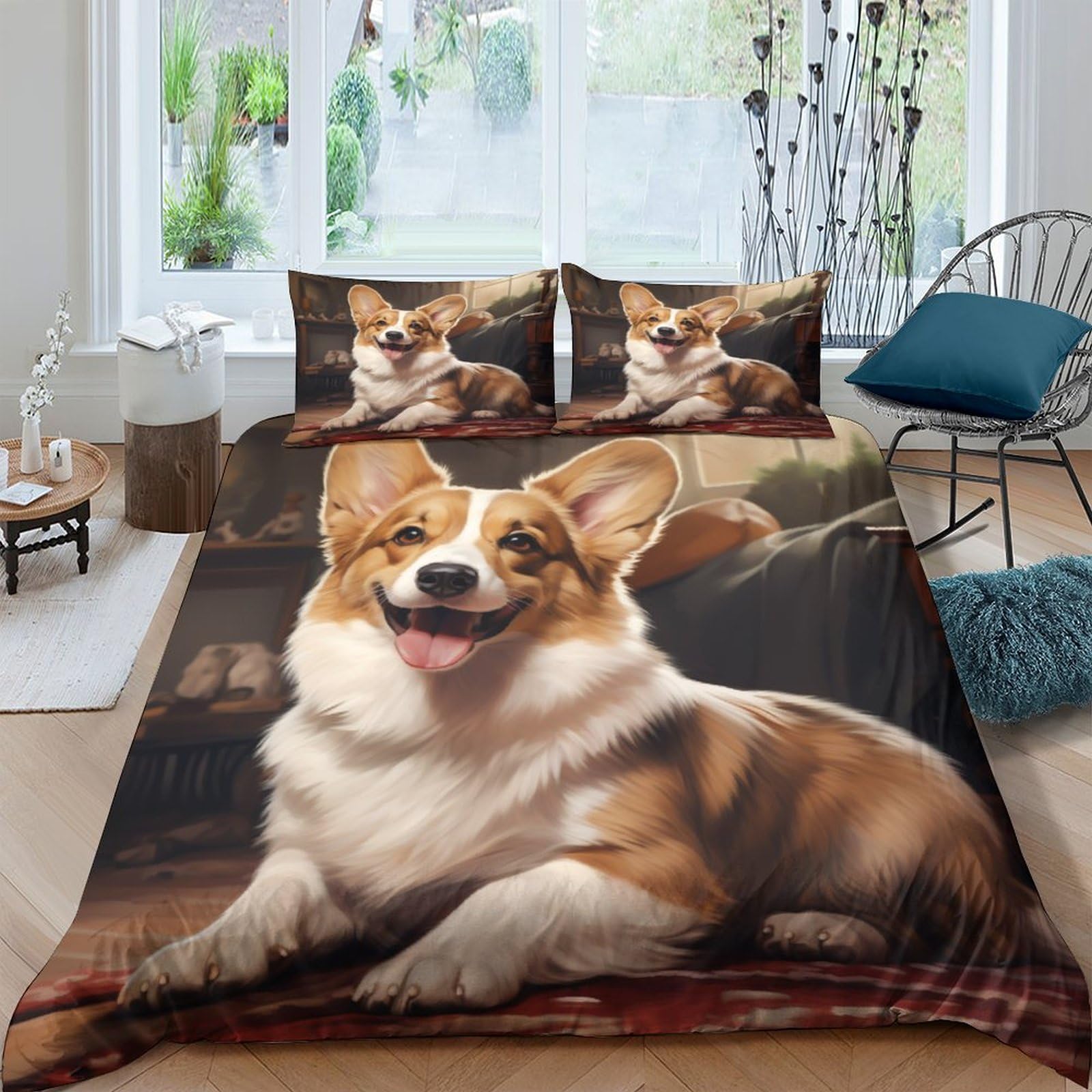 Housse de couette 200x200 cm Corgi avec ses 2 taies d'oreiller en microfibre