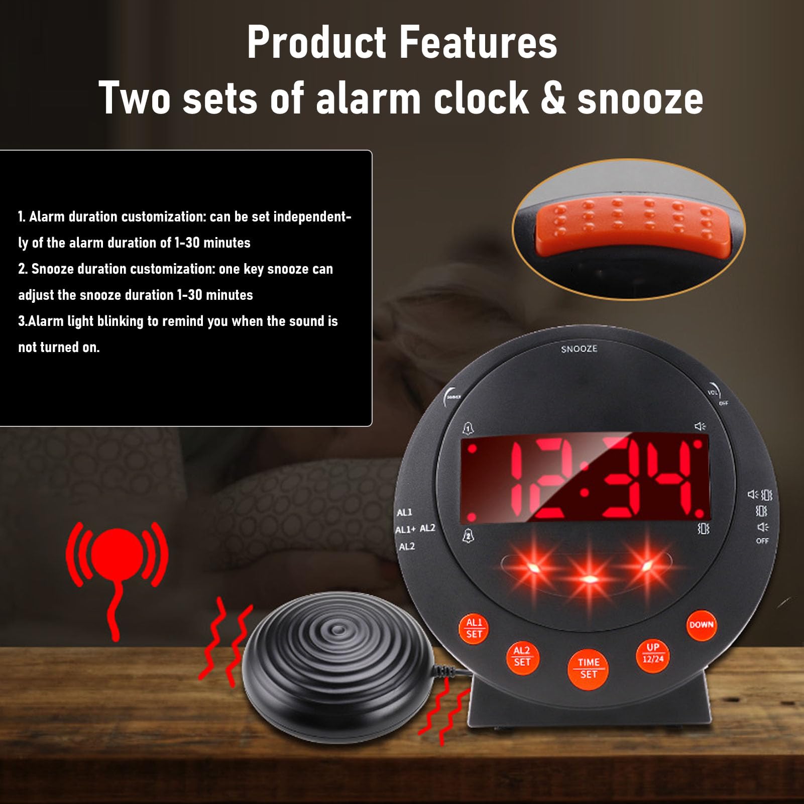 Reloj Despertador Ruidoso con Agitador de Cama y Pantalla LED de