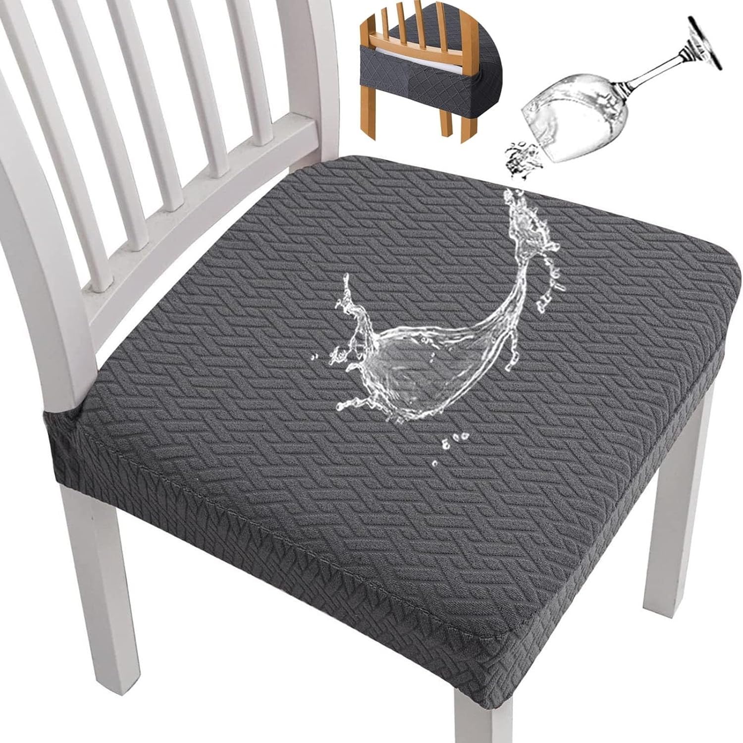 Housse de chaise jacquard imperméable lot de 6 gris foncé amovible
