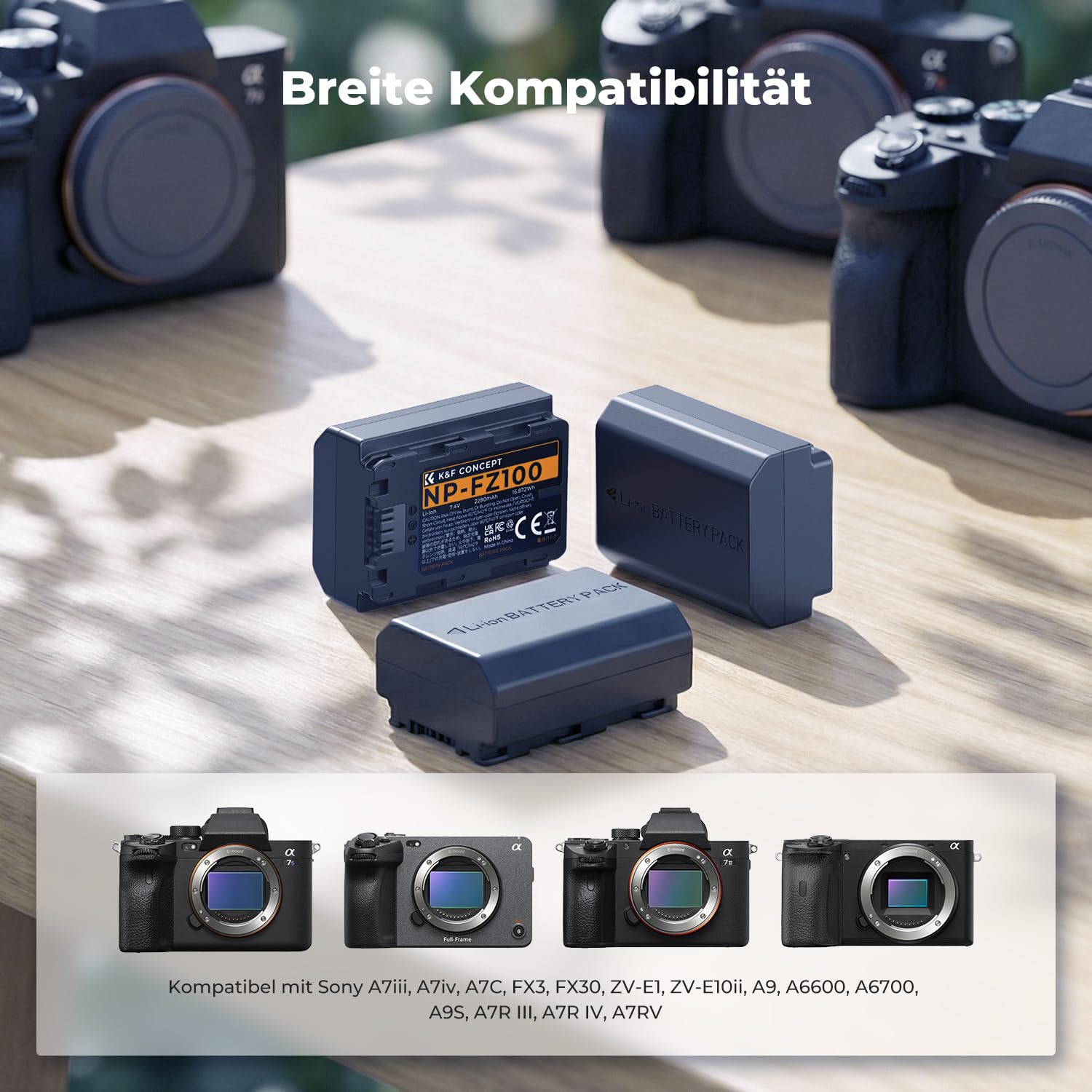 K&F CONCEPT NP-FZ100 Kamera Akkus(3er Pack) mit 3-Slot Ladegerät,2280mAh Batterie für Sony Alpha A7III,A7IV,A7R III/A7R3,A7RIV,A7RV,A7C,A7S III/A7S3,A9,A9II,A6600,A9R,A9R,9S,FX3,FX30,ZV-E1,ZV-E10ii