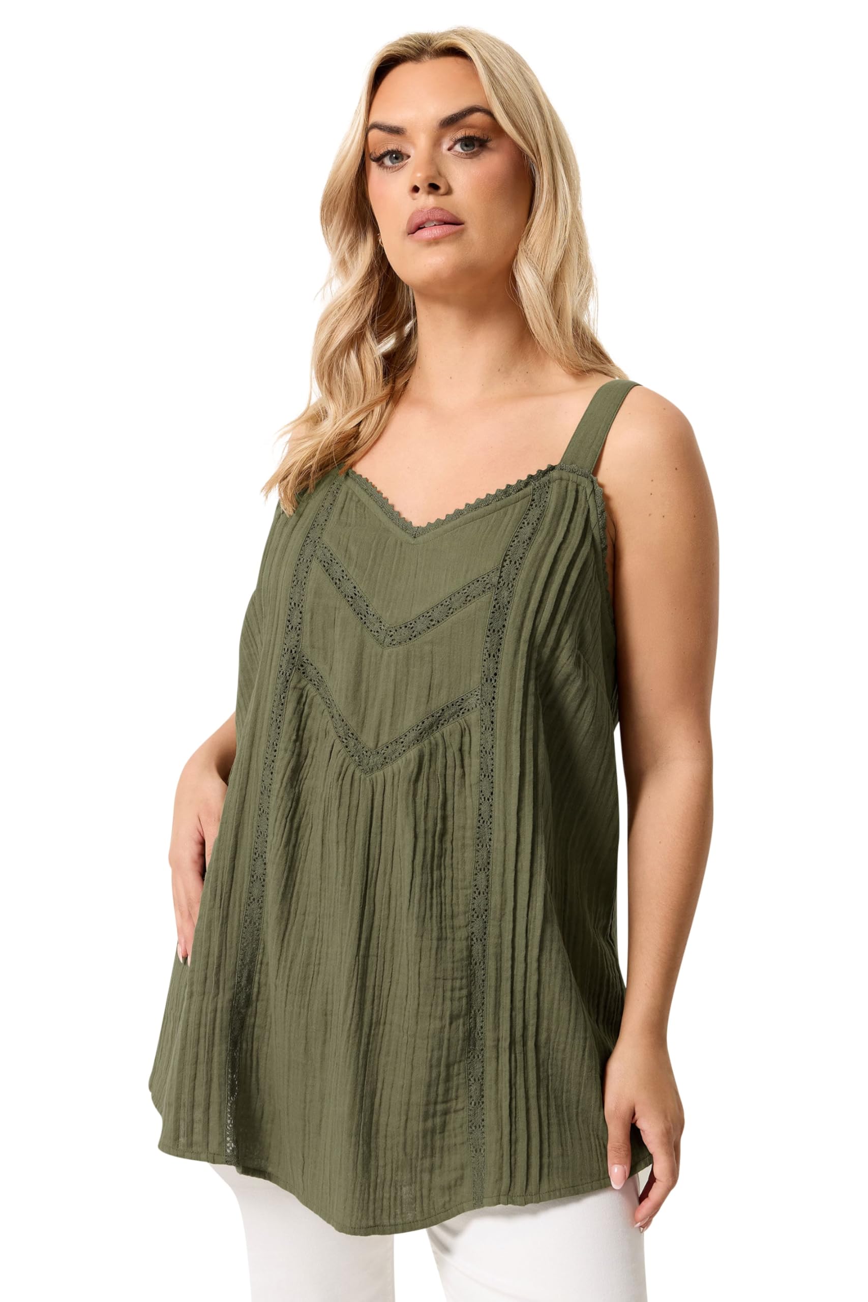 Yours Women's Crochet Insert Vest Top in Olive | Size: 20