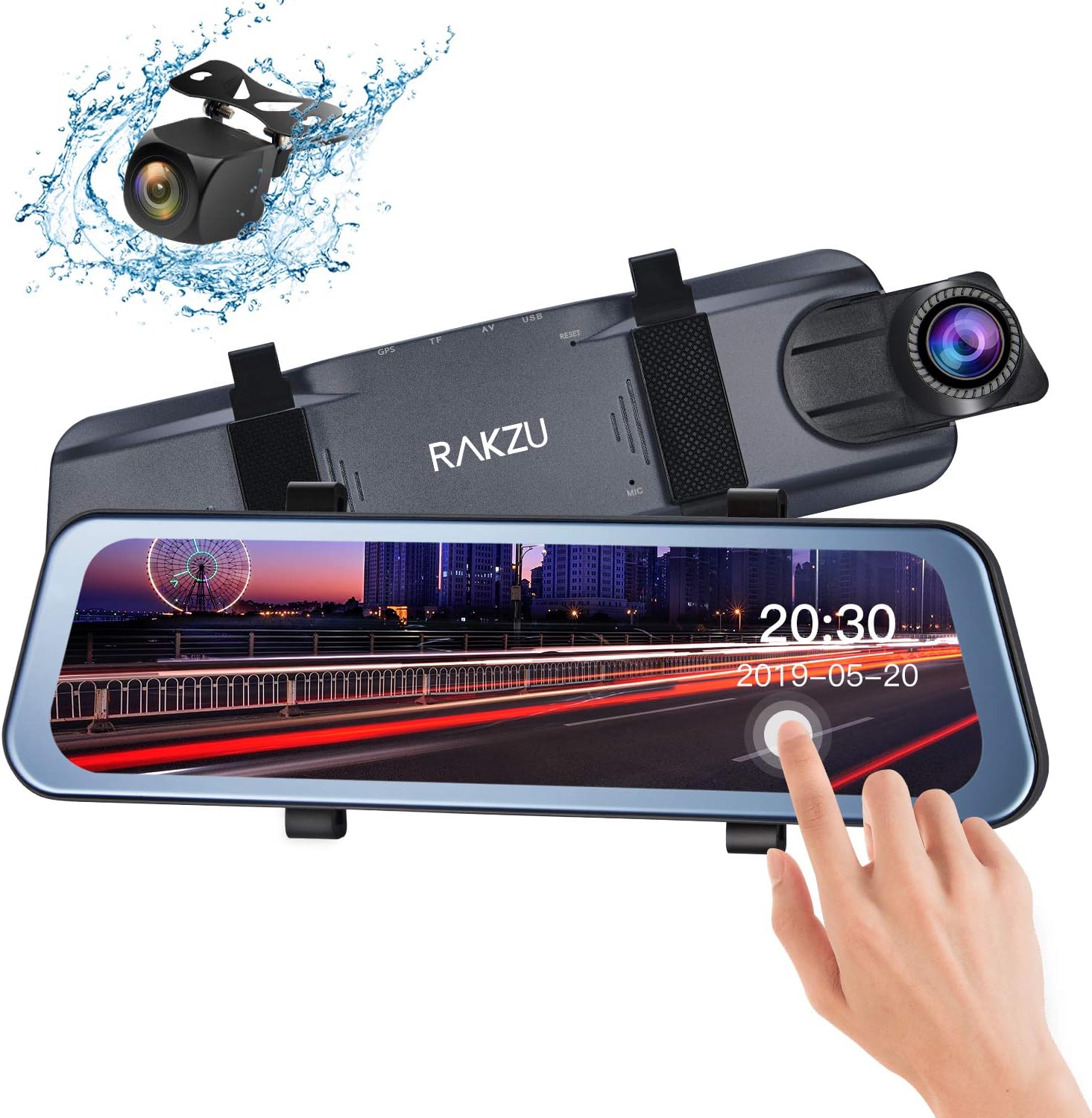 Rear View Mirror Dash Cam, RAKZU 10 Inch Full Touch Screen Streaming 170 Degree Reversing Backup Camera Mirror Cam, Dual 1080P HD Front and Rear Waterproof Camera, G-Sensor Parking Monitor