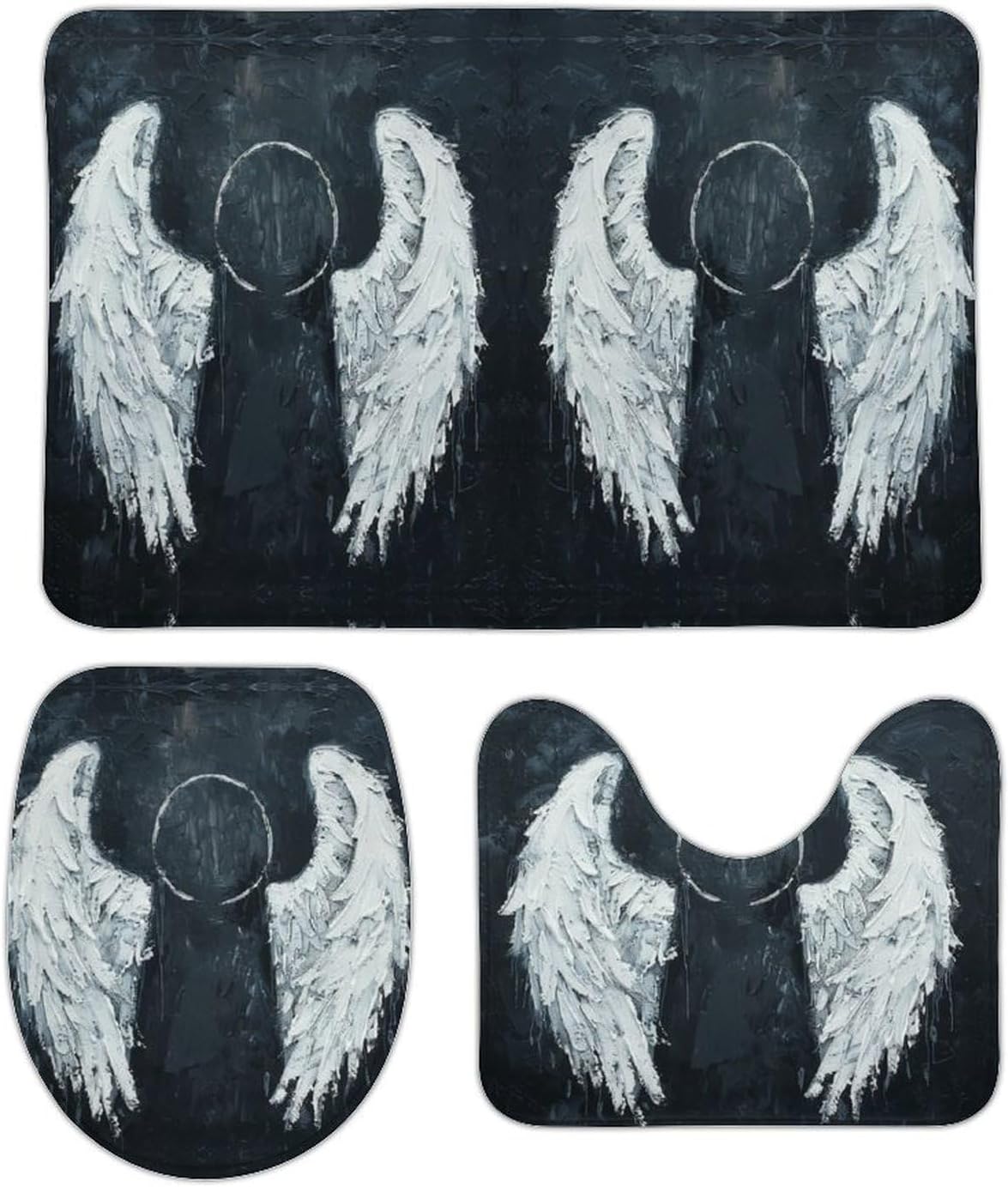 Anti-Skid Floor Mats 3 Piece Set,White Angel Wings Printed Coral Fleece Bathroom Mats U-Shaped Contour Mat Toilet Seat Cover for Bathroom, Tub, Shower, Kitchen 19.7"x31.5"