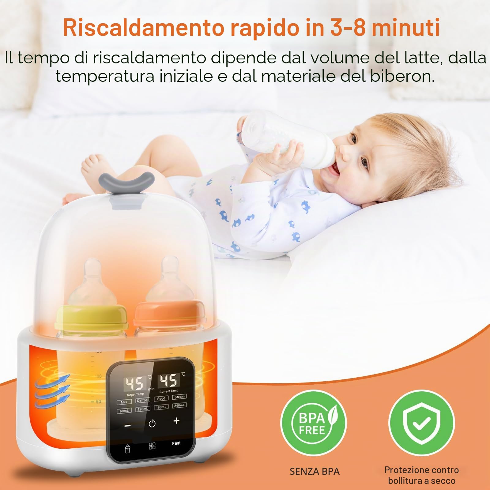 Scaldabiberon, Scalda Biberon 6 in 1 per latte materno e formula con controllo intelligente della temperatura, mantenimento 48H, scaldalatte, riscaldamento alimenti, scongelamento, vapore