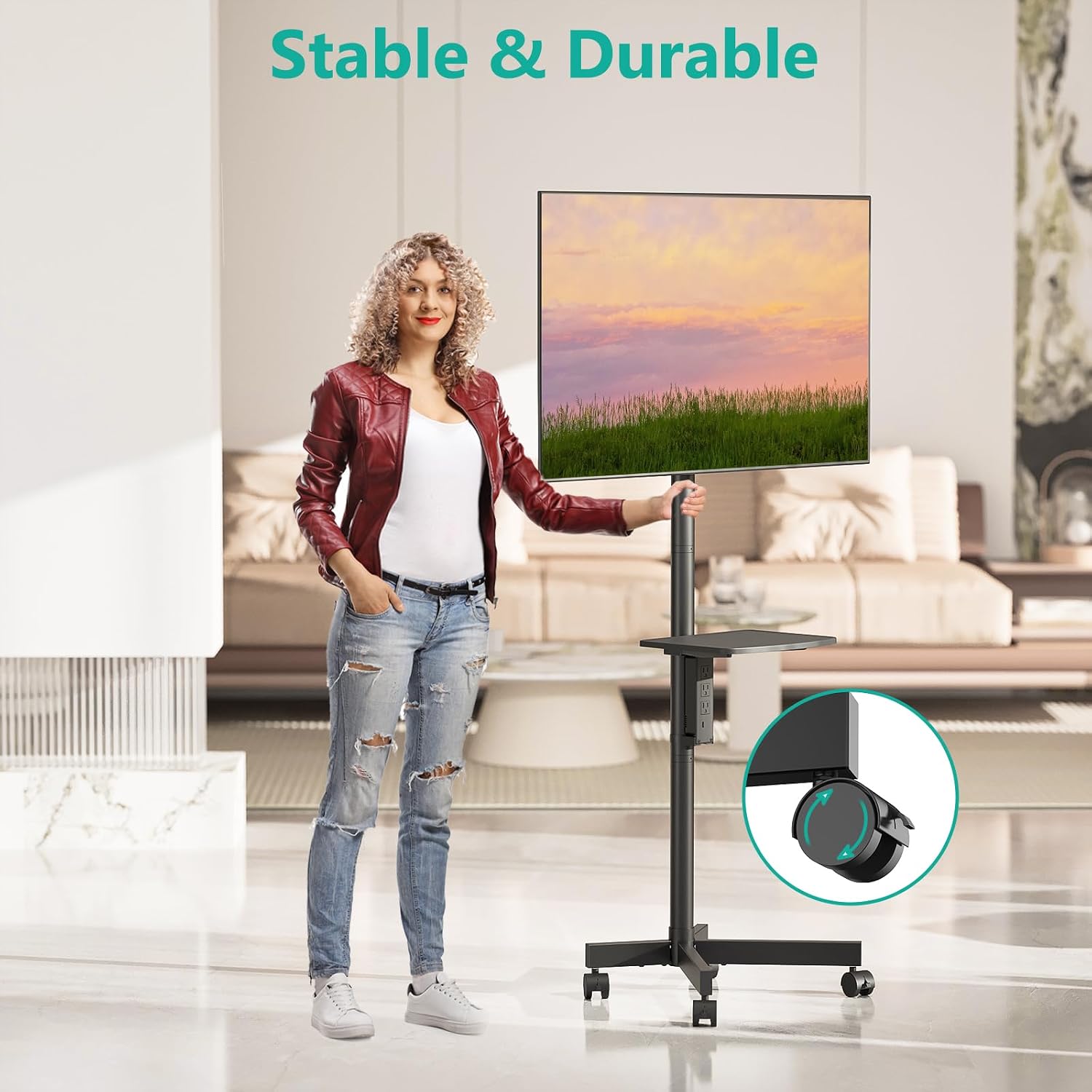 Woman easily moving the WALI Mobile TV Stand with a TV mounted