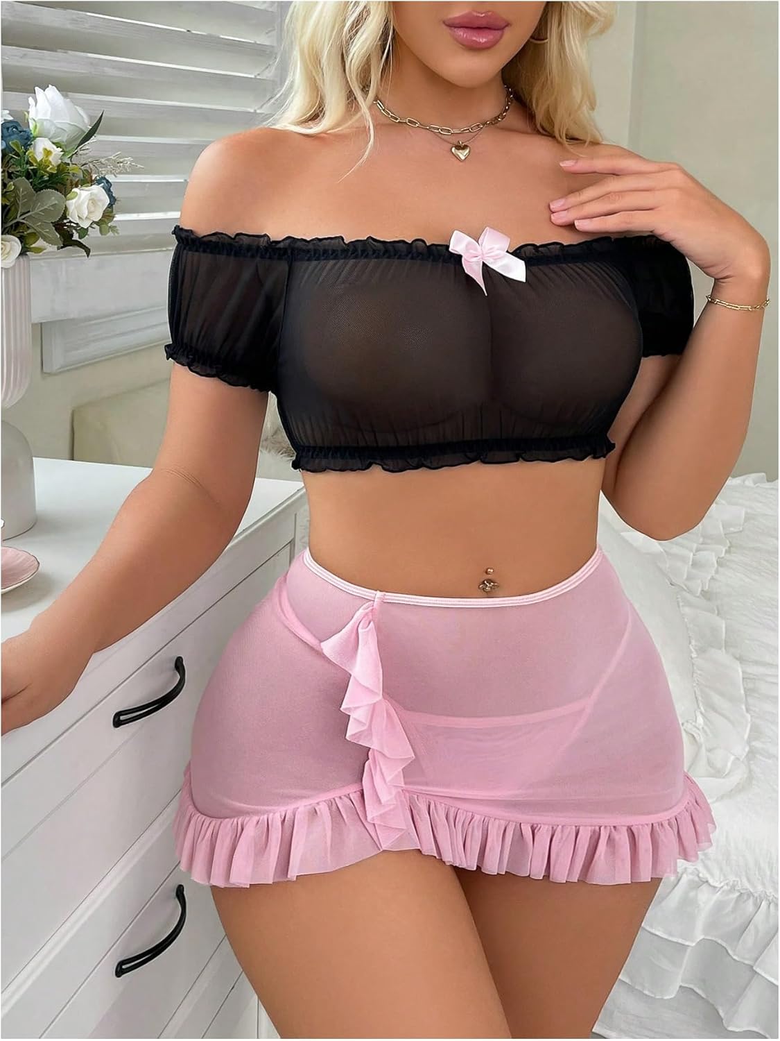 SOLY HUX Sexy Lingerie Set for Women Sheer Mesh Off Shoulder Bra Panty Ruffle Skirts 3 Piece Sets - Image 4