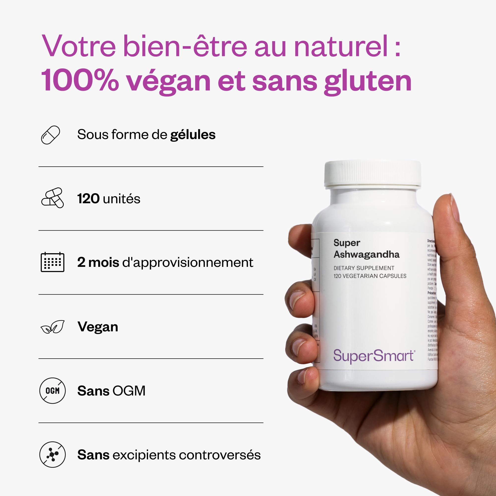 Super Ashwagandha - KSM-66® - Relaxation & Anti-Stress Naturel -SuperSmart | Favorise l'Endurance et la Récupération Musculaire - Extrait de Withania Somnifera (5%) - Vegan