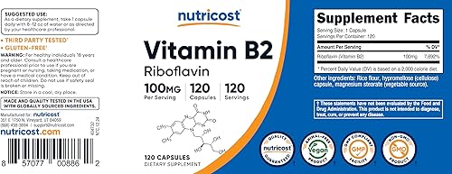 Miniatura 7 de Nutricost Vitamina B2 (riboflavina) 100 mg, 120 cápsulas, sin gluten y sin OMG (paquete de 2)