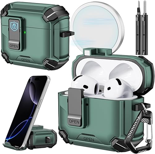 Miniatura 25 de Inesore Compatible con funda AirPods 4 con soporte para teléfono y kit de limpieza, Compatible con Magsafe, cerradura magnética automática