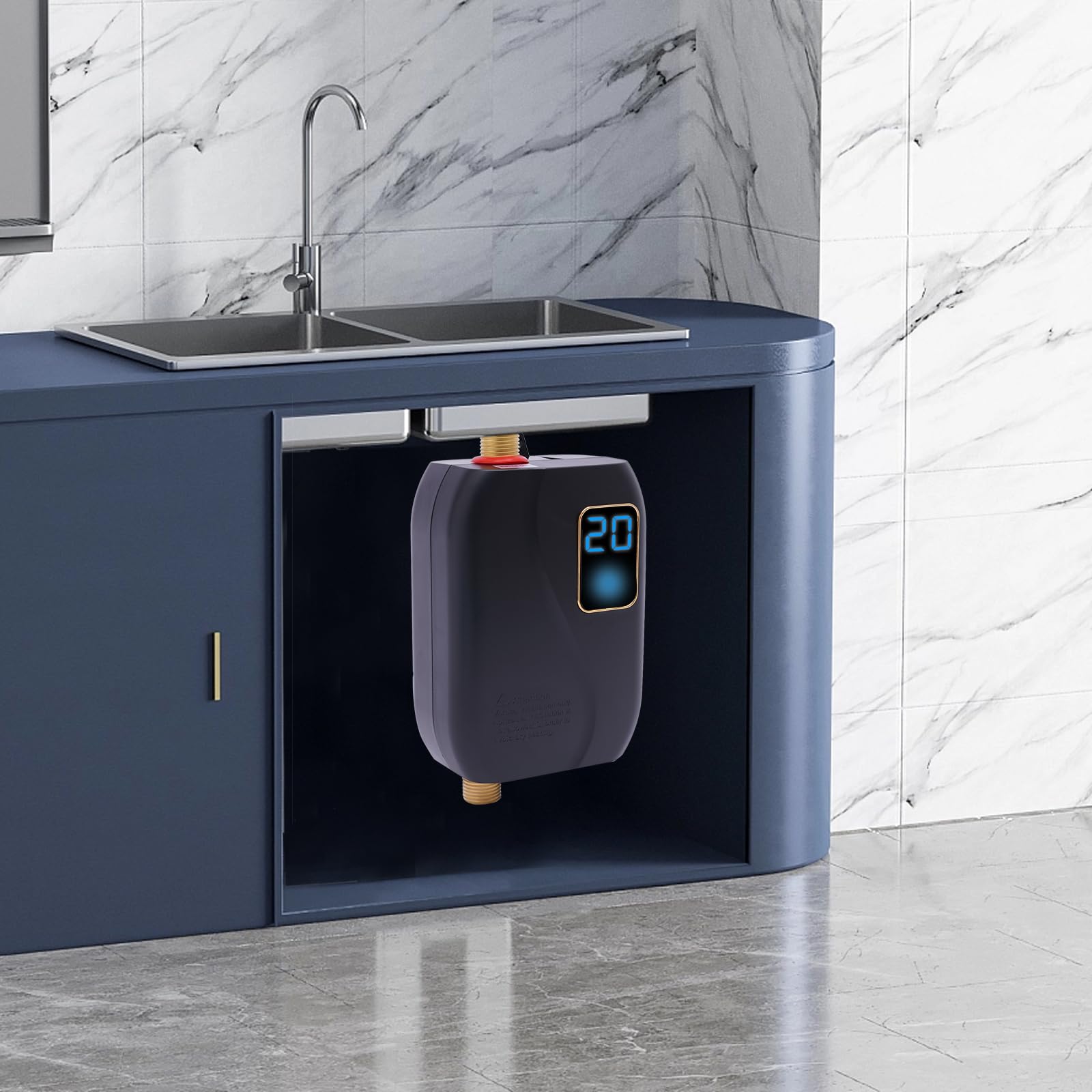 Elektronischer Durchlauferhitzer, 3500W Tankless Warmwasserbereiter Untertischspeicher mit Display, Elektrischer Duschheizer Klein 25-50℃ Temperatur Einstellbar für Küche Badezimmer