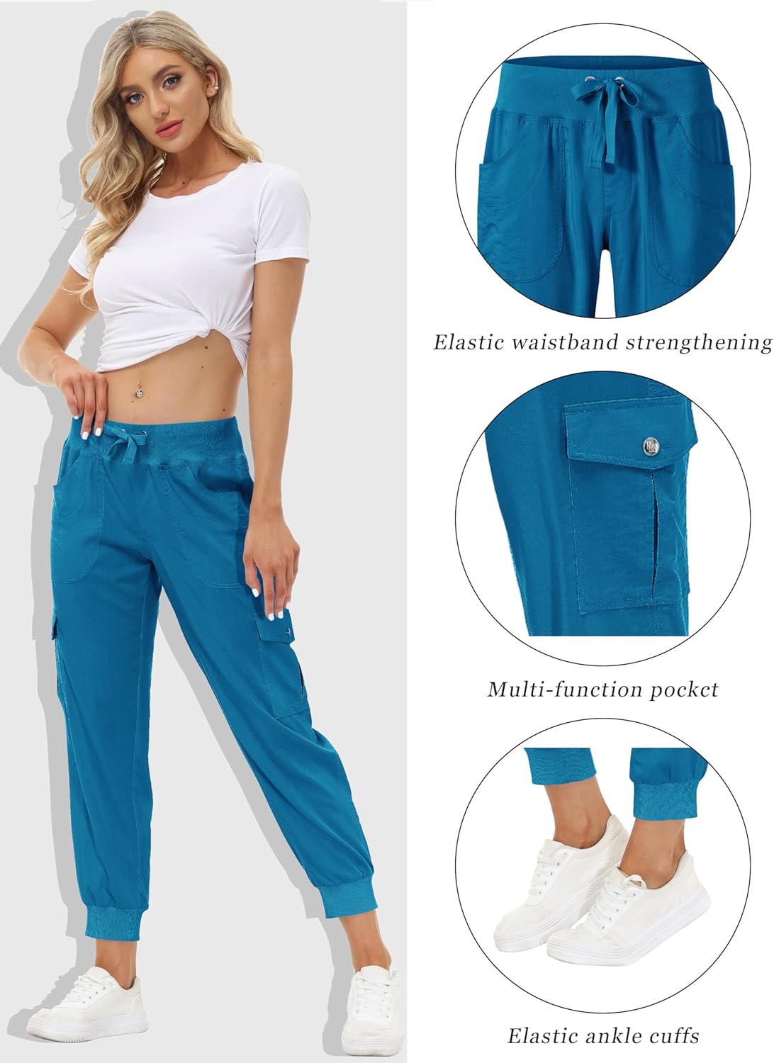 MoFiz Women's Lightweight Hiking Cargo Pants Outdoor Quick Dry Casual Travel Sweatpants Joggers Elastic Waist Button Pockets - Image 3