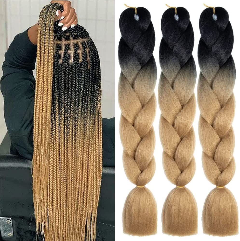 PORSMEER Extensiones de cabello pelucas accesorios Trenzado de cabello Jumbo trenza para trenzas de torsión,3 Pack 24" Kanekalon de fibra sintética para mujeres o niños,Negro/Marrón