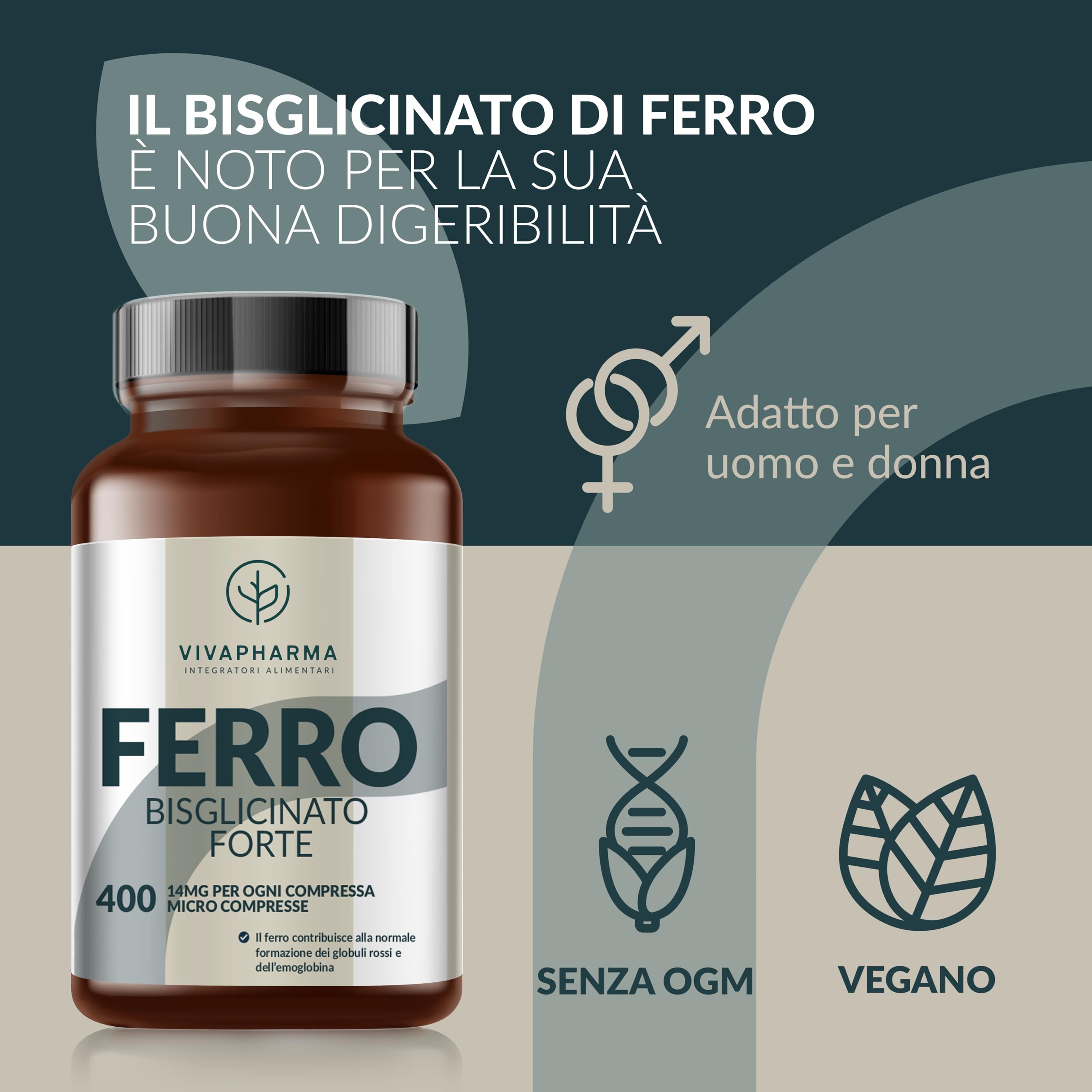 Integratore Ferro Bisglicinato per Donne e Uomini, 400 Micro Compresse Vegane 14mg per Compressa (12+ mesi) Contribuisce al Normale Metabolismo Energetico, Senza OGM e Magnesio Stearato, Made in Italy