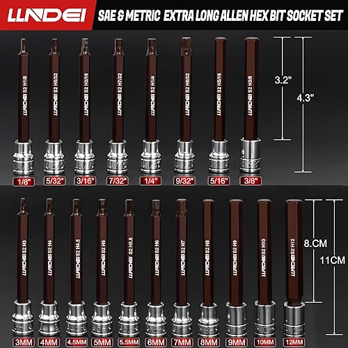 Miniatura 2 de LLNDEI Juego de dados hexagonales Allen extra largos de 3/8 pulgadas, 19 piezas, estándar SAE y métrico (1/8"-3/8", 0.118-0.472 in), acero de