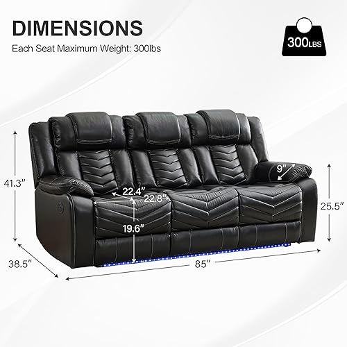Miniatura 2 de Sofá reclinable eléctrico de 3 plazas con cargador inalámbrico, de piel sintética con luz LED, sofá reclinable eléctrico, asiento de cine en casa,