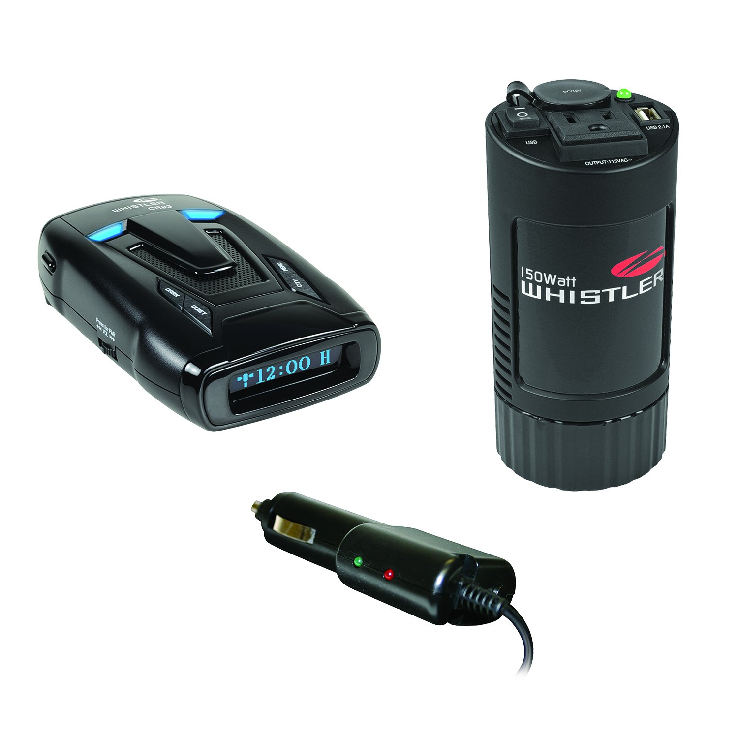 Whistler KITWHIRD93PINLR Laser/Radar Detector INTELLICORD Power Cable and XP Series 150-Watt-Continuous Cup-Holder Power Inverter Bundle, 3 Pack