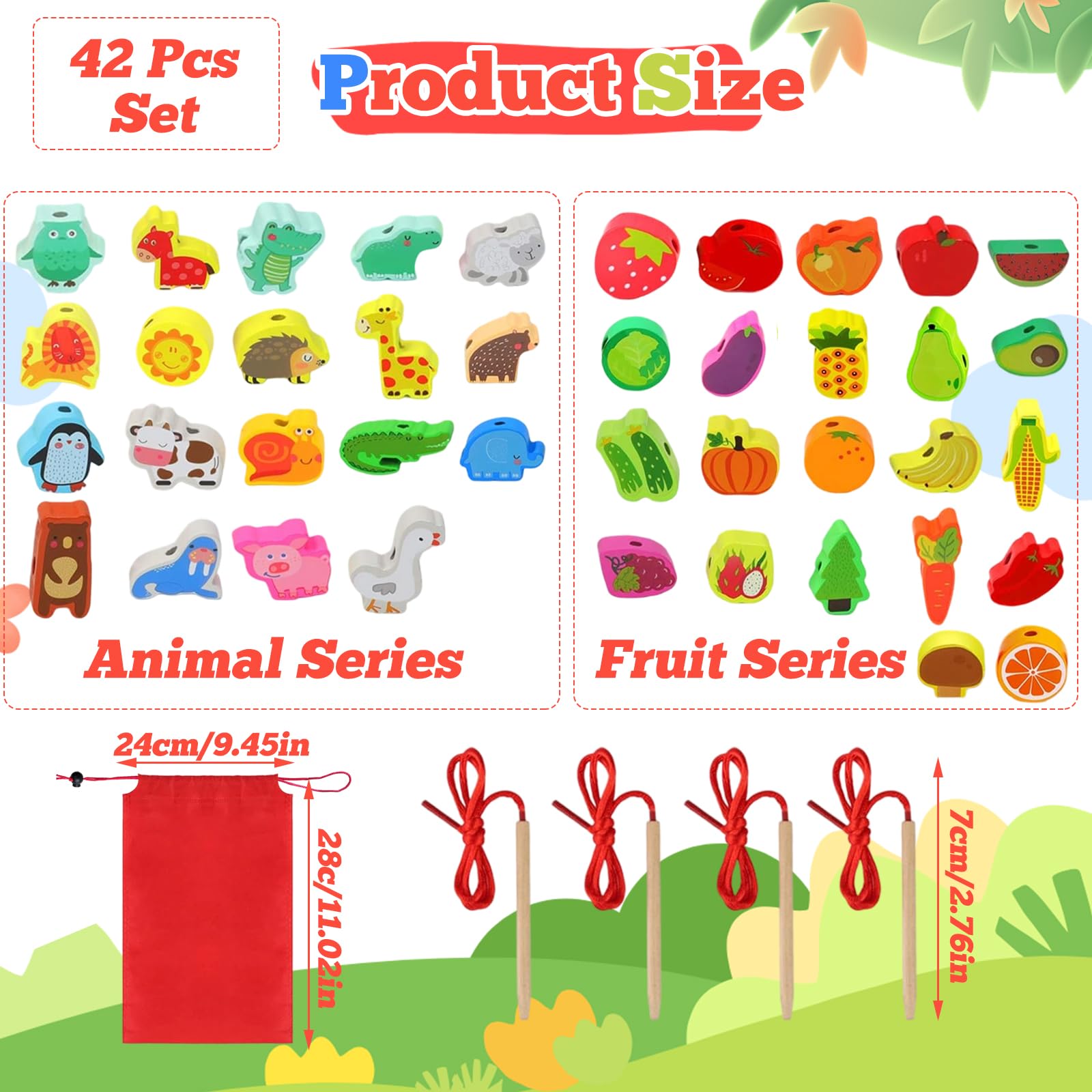 TAGMEIU 42Pcs Toddler Threading Toys, Animals Fruits Vegetables Toddler Threading Beads Wooden Toy, Fine Motor Skills Toys - Image 2