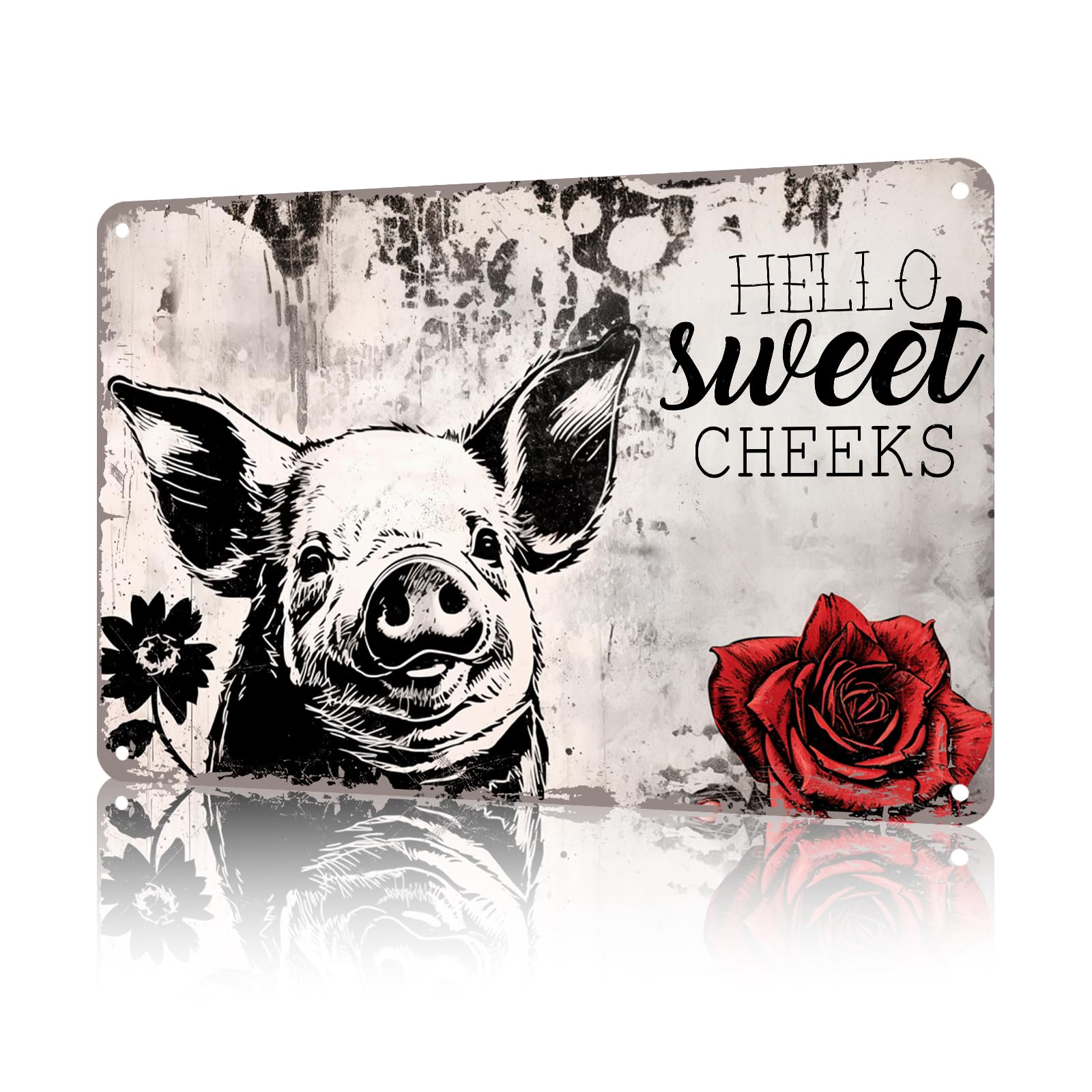 Anceky Aluminum Tin Sign Funny Vintage Hello Sweet Cheeks Pig Flower Metal Sign for Home Living Bedroom Yard Decor Garden Outdoor 12×16 Inch