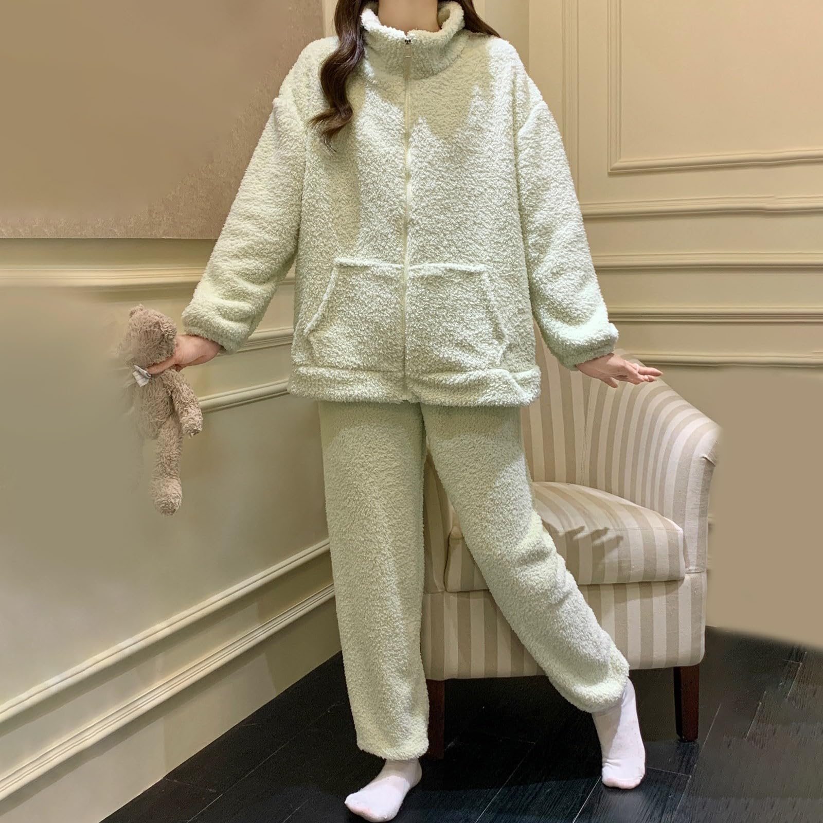 Invernale in Morbida Flanella per Un Comodo Termico a Maniche Lunghe con Elegante Motivo Jacquard, Comodo da Due Pezzi per Le Notti Fredde
