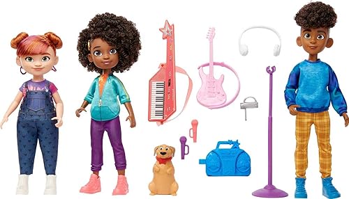 Mattel Muñecas y accesorios de Karma's World, el juego de 3 unidades incluye muñecas Karma, Winston y Switch, además de equipo para mascotas y banda