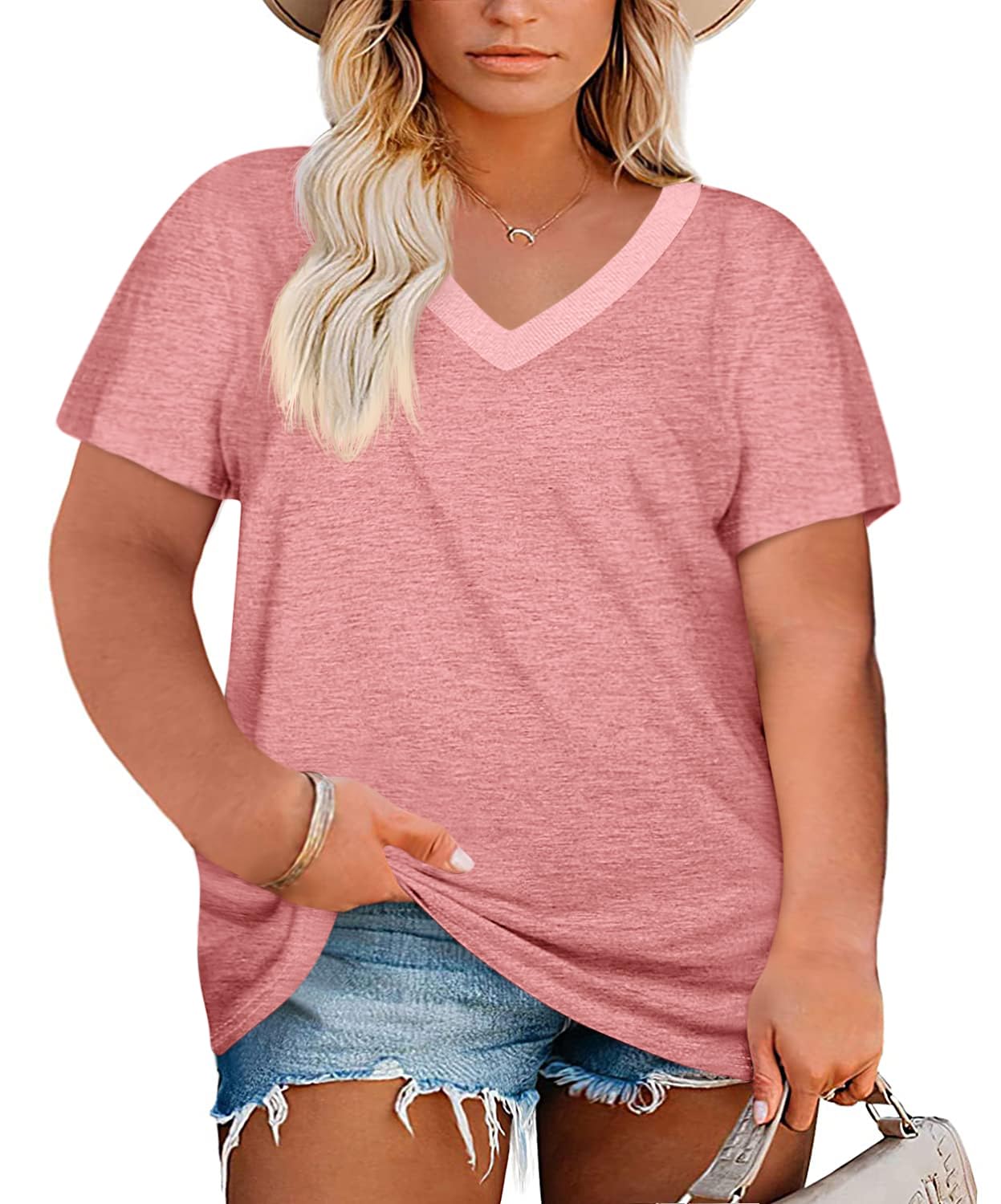 Womens Plus Size V Neck T Shirts Summer Short Sleeve Sexy Tops T-Shirts Tunic Casual Loose Fit Soft Basic Tees